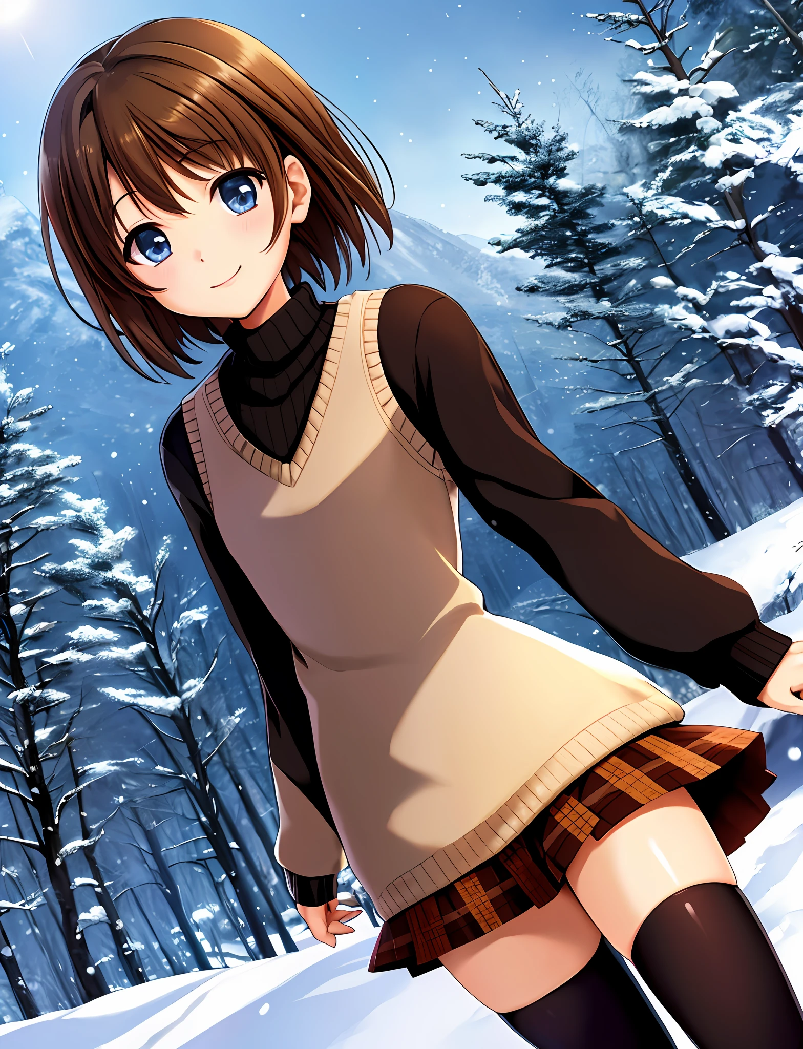 misaka shiori((masterpiece)), ((best quality)), ((highres)), ((detailed background)), ((extremely detailed CG unity 8k wallpaper)), solo, city, snow, misaka shiori, brown hair, short hair, bob cut, blue eyes, smile, black dress over white turtleneck, brown plaid shawl, black stockings,