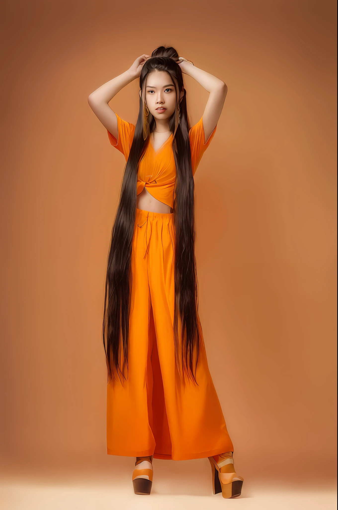 arafed woman with long hair wearing orange pants and a top, very long orange hair, extremely long hair, extra long hair, girl with super long hair, very long flowing hair, very long hair, with long hair, very long black hair, her hair is long and straight, long glowing ethereal hair, very long and unkempt hair, long bubblegum hair