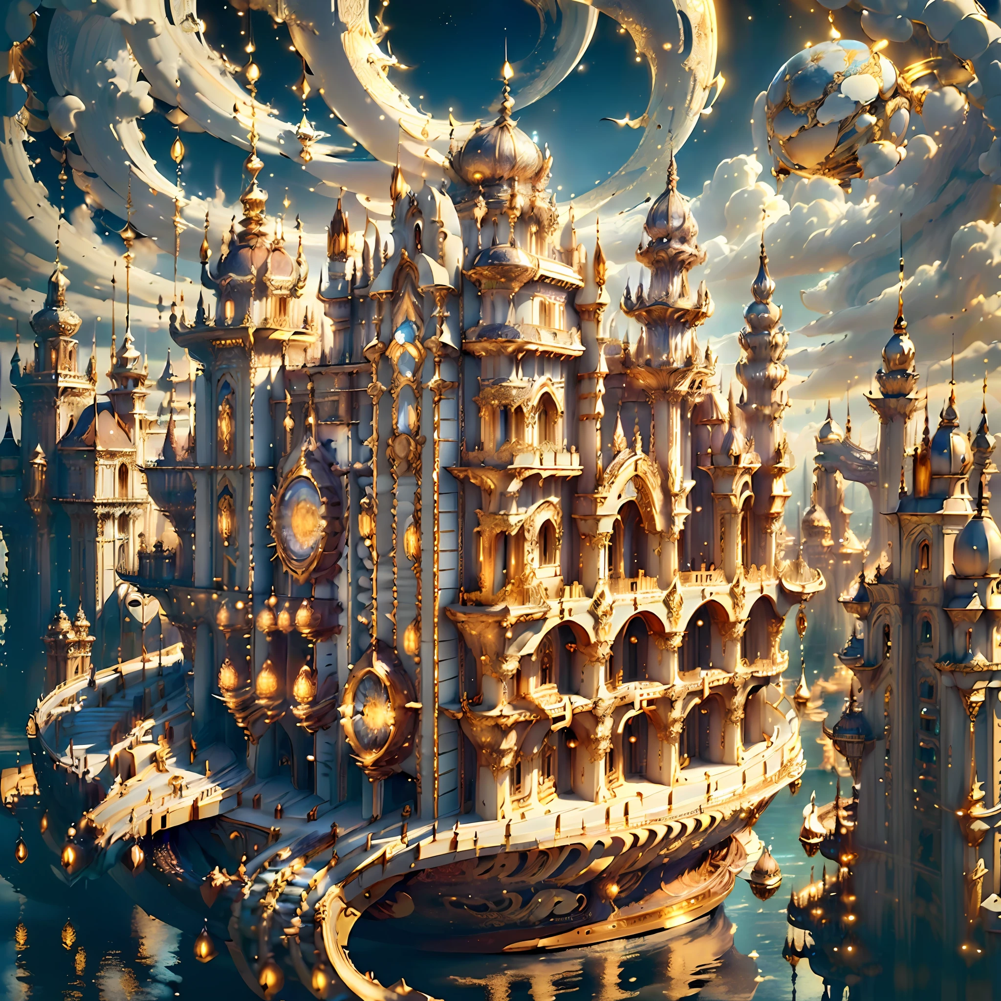 ((((Masterpiece)), Ivory Gold AI City at Night, Isometric, 3D rendering, Very high definition, High detail, There is a big clock on a plate in the water, gorgeous spaceship painting, 4K highly detailed digital art, gorgeous gilded space machine, golden steampunk city atmosphere, fantasy. gondola boat, shocking fantasy 3d rendering, futuristic persian palace, fantasy highly detailed, beautiful detailed fantasy, futuristic palace, detailed fantasy digital art, magic fantasy highly detailed