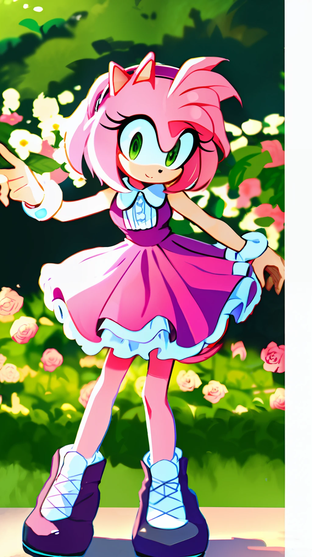 `"amy rose, full body, frilly dress dress" + "(cute:1.1),(pink:1.2),(posing in garden:1.3),(with flowers:1.2),(cartoonish:1.1),(anime style:1.2),(dynamic pose:1.05)"` rose garden