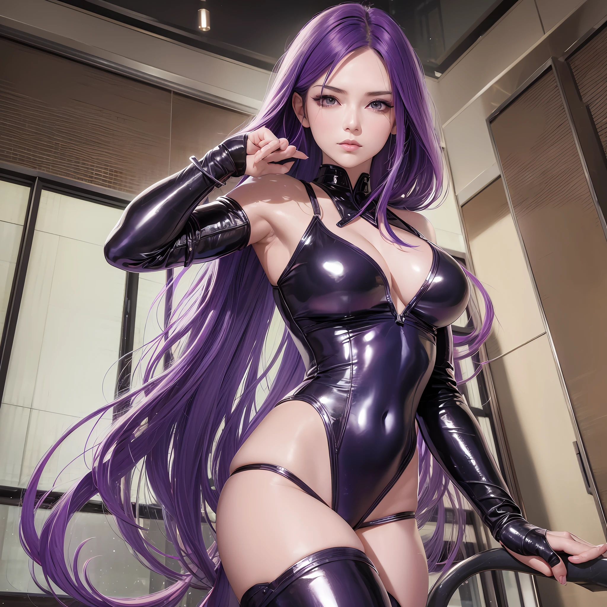 psylocke,best quality, eye reflection ((masterpiece)), best quality, extremely detailed CG in 8k, dynamic pose, stunning,yummy,wavy and long hair,biker style leather jacket,perfect body,lilac eyes,sleeveless bodysuit and legless swimsuit style,dark purple hair,adult, 30 years,Xmen,stan lee style,command room,night, moonlight --auto --s2