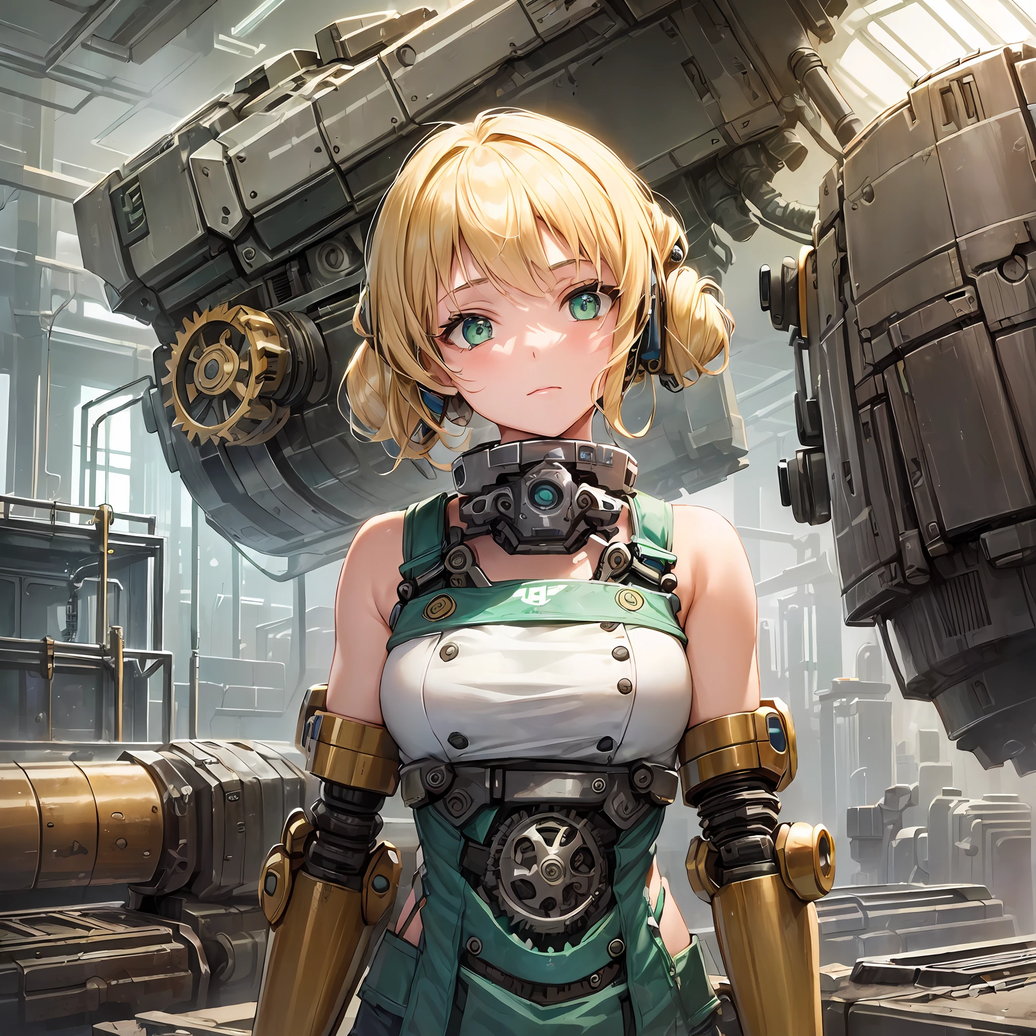 A girl (with mechanical arms:1.44), hair tied from the sides like blonde chick maria, green eyes, machine shop background.