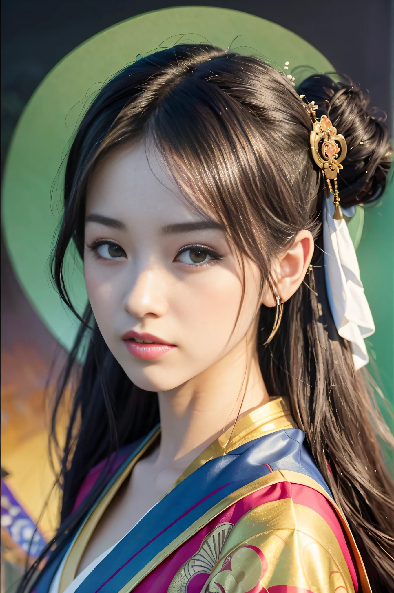 arafed asian woman in a kimono with a green umbrella, palace , a girl in hanfu, inspired by Lan Ying, hanfu, inspired by Wu Bin, ruan jia and artgerm, artgerm and ruan jia, artwork in the style of guweiz, artgerm and atey ghailan, chinese girl, traditional beauty