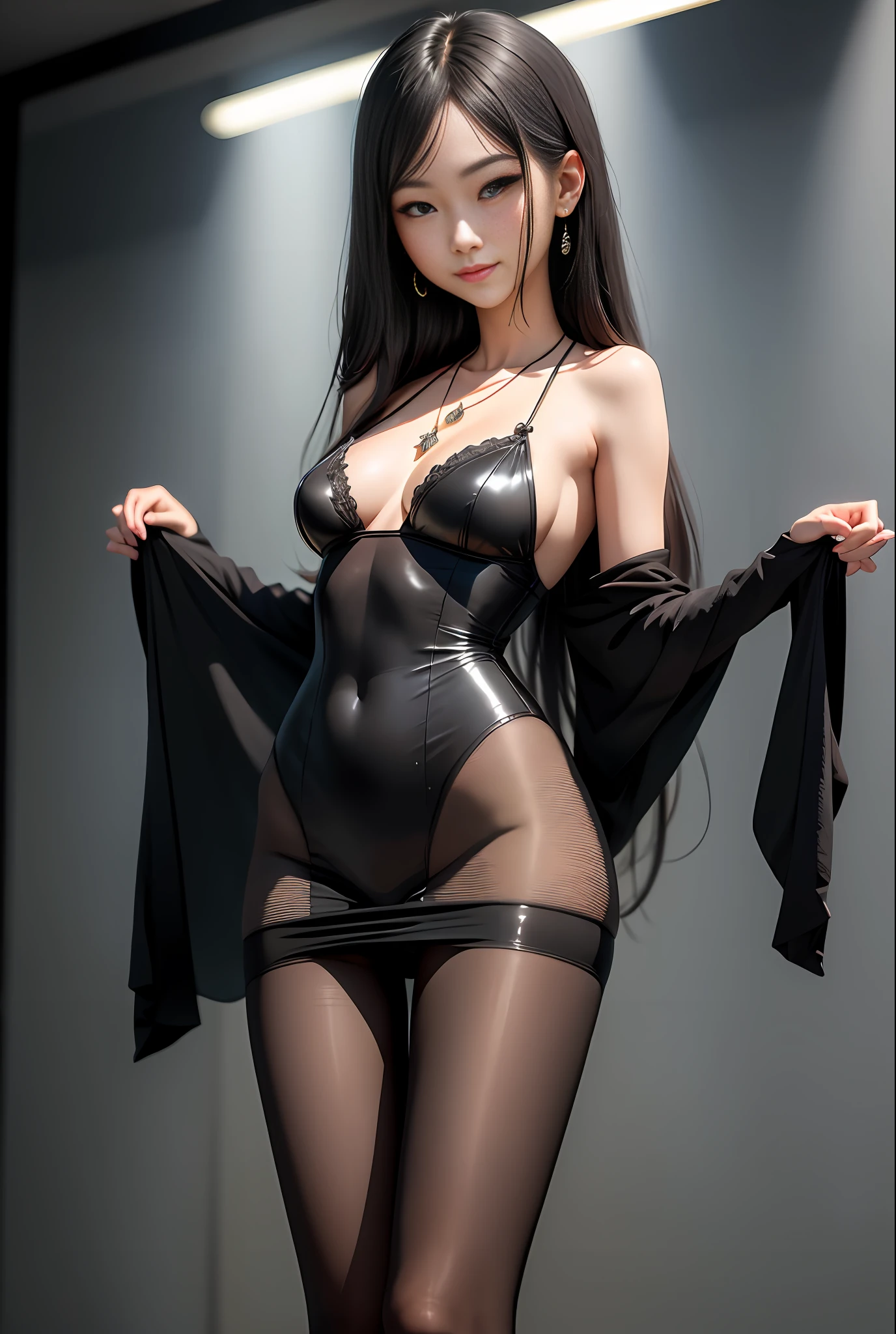 smiling minchen, pantyhose, ridiculous, mouth closed, balanced eyes, (best quality detail: 1.2), realistic, 8K hd, ultra-detailed, high quality texture, complex detail, detailed texture, fine detail, high detail, very detailed CG, high quality shadow, delicate beautiful delicate face, (delicate beautiful delicate eyes: 1.32), ray tracing, (a beautiful 25 year old cute Japanese lady:1),, tall woman, beautiful legs, glowing eyes, blush, perfectly petite, thin , group of men looking around, black pantyhose, extra long hair, sunlight, earrings, necklace, model, looking at the audience, dynamic pose, necklace, full body, standing, showing beautiful legs, smooth stockings, transparent bra,, round breasts, looming,, 1 girl, dark room, unexpected dew point, clothes torn, seductive, stocking fetish, beautiful feet