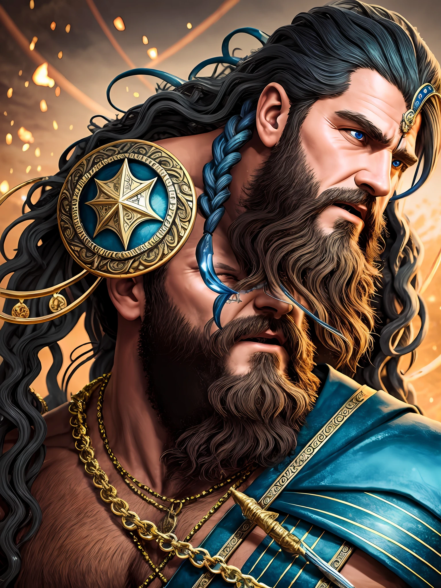 A close up photo of the God Poseidon with a chain around his neck (glowing blue chain:1.2) (in hand:1.2), fantasy art, avatar image, profile picture 1024px, viking and templar aesthetics, adorned with precious stones and gold, cg artist, ultra detailed portrait, struggling to remain relevant in age-old battles, screaming, (hairy man:1.2), realistic motion action photo, (((hdr))), hyperdetailed, cinematic, cool lights, intricate details, muscle, perspective view, UHD, 64k, unreal. --auto --s2