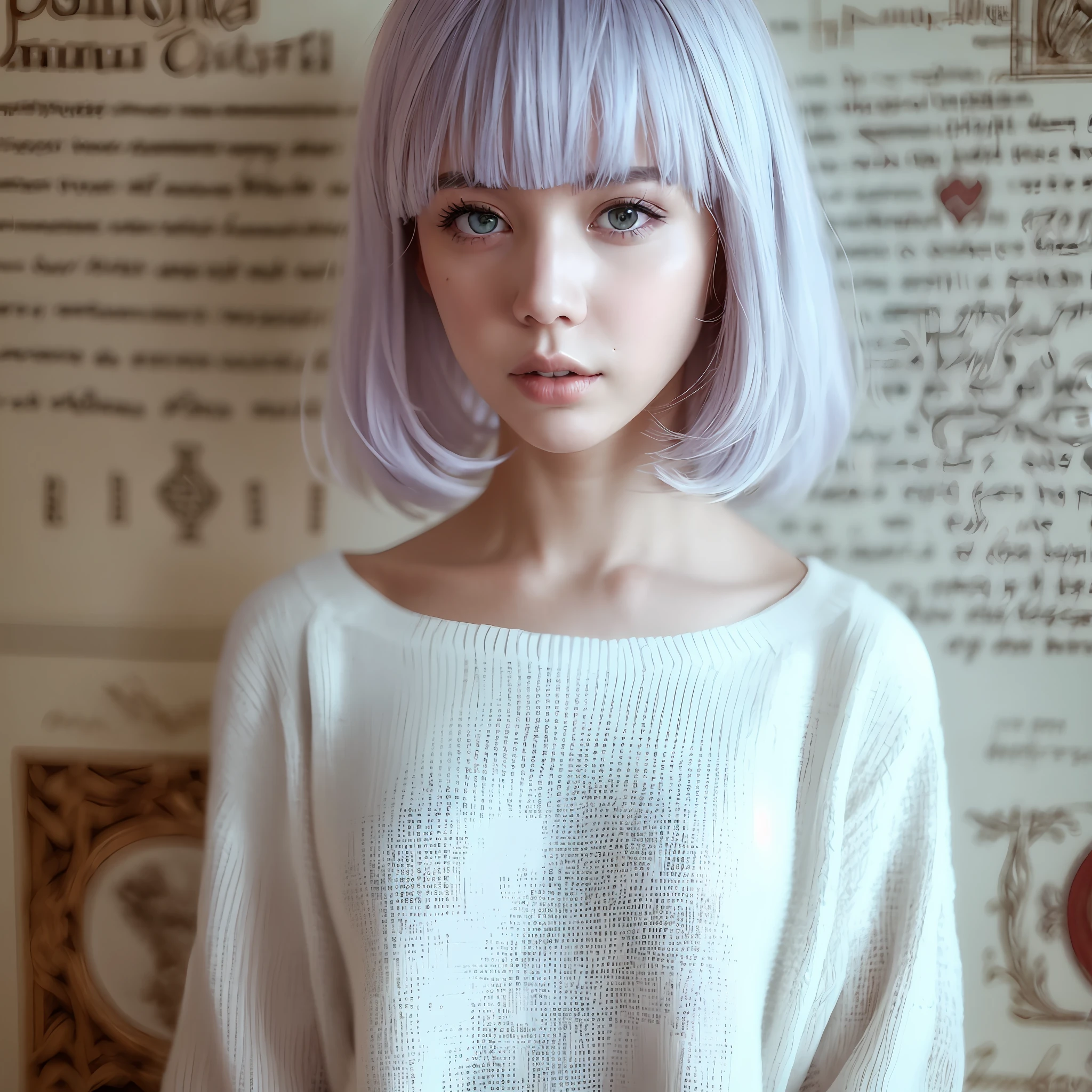 À la Fed woman with white summer knit and purple hair posing for photo, Japan girl, 20 year old girl, Japan 20 year old girl, short white hair, white bangs, short hair with bangs, white princess cut hairstyle, white french bob, white French bob hairstyle, short bob white hair, white bob cut hair, white bangs of hair, girl silver hair, real life girl, white short hair, Realistic skin 30k, real human 30k, beautiful photo, girl with Leonardo da Vinci manuscript in background, human girl with Leonardo da Vinci notebook in background, cute girl, --auto --s2
