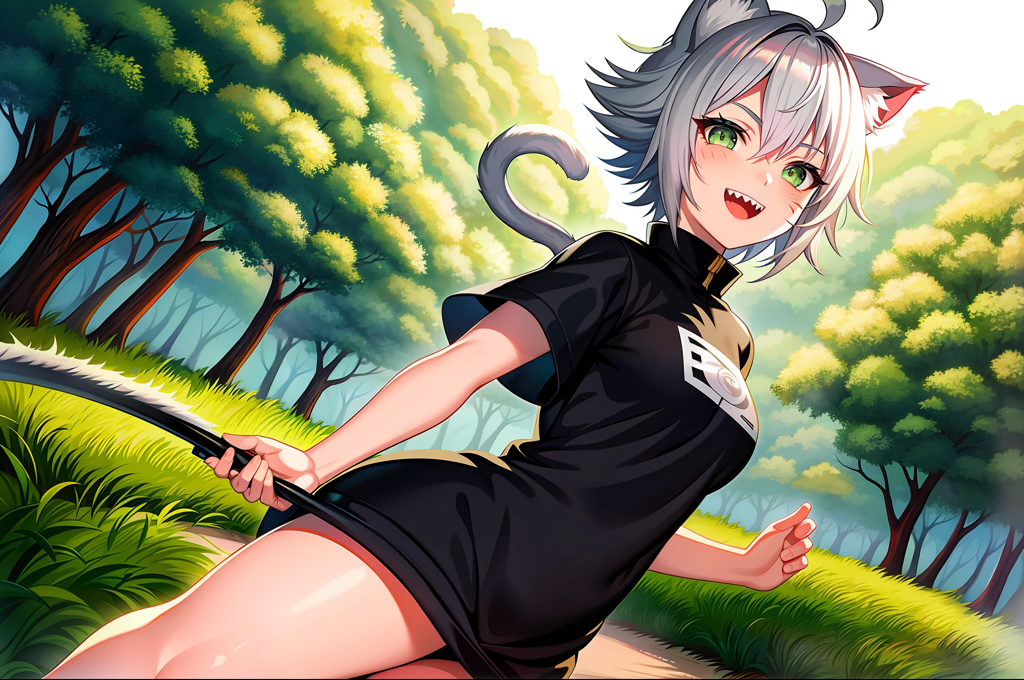 SFW, ultra 4k hd, absurdres, anime, naruto, white hair, neko, green eyes, ninja, short hair, chubby, medium breasts, messy hair, gray hair, cat ears, catgirl, nekomimi, cat tail, forehead protector, kunoichi, hair between eyes, silver hair, anime style, eye scar, smiling, fangs, sharp teeth, 1girl, naruto shippuden, solo, baggy clothes, alone, forest, village, akatsuki, leaf village, konoha, sidetails, tomboyish sidetails, ahoge