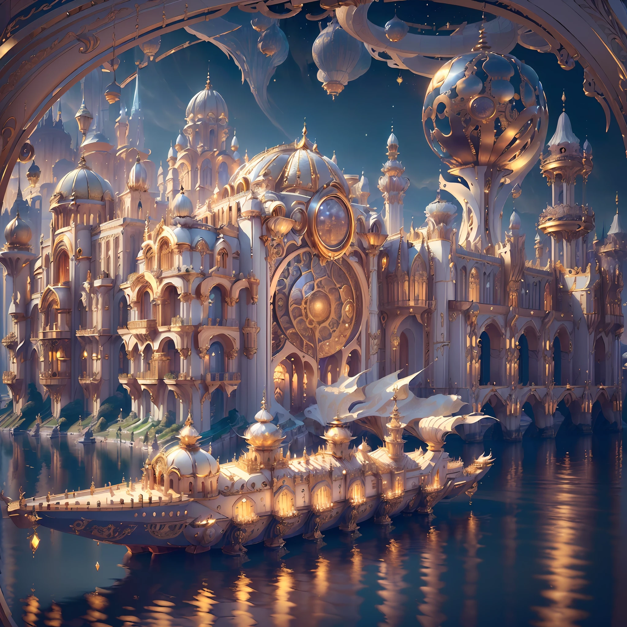 ((((Masterpiece)), Ivory Gold AI City at Night, Isometric, 3D rendering, Very high definition, High detail, There is a big clock on a plate in the water, gorgeous spaceship painting, 4K highly detailed digital art, gorgeous gilded space machine, golden steampunk city atmosphere, fantasy. gondola boat, shocking fantasy 3d rendering, futuristic persian palace, fantasy highly detailed, beautiful detailed fantasy, futuristic palace, detailed fantasy digital art, magic fantasy highly detailed