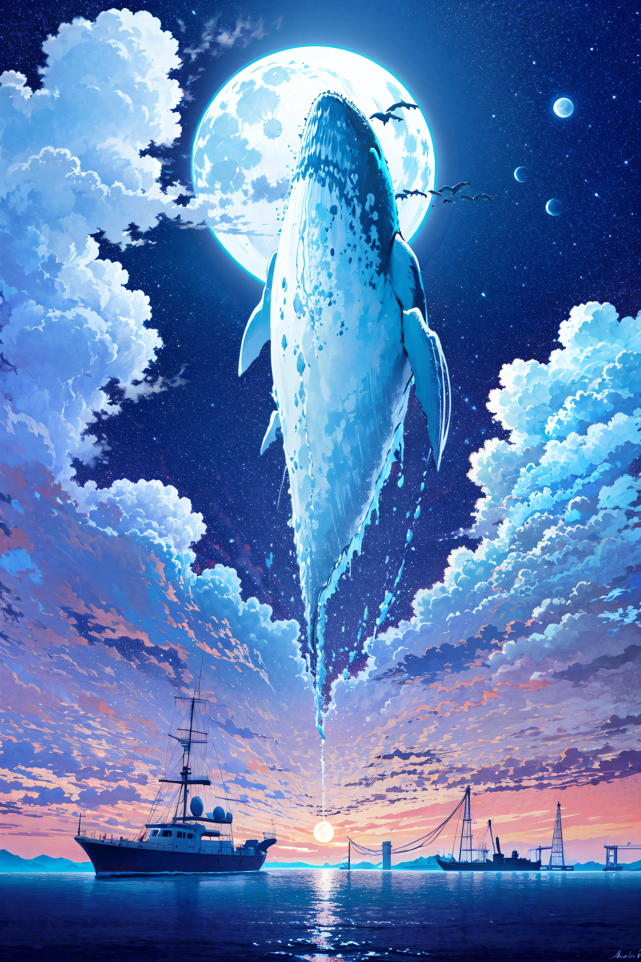 octans, no humans, moon, sky, night, full moon, cloud, whale, outdoors, scenery, night sky, water, watercraft, cloudy sky, building, skeleton, animal.