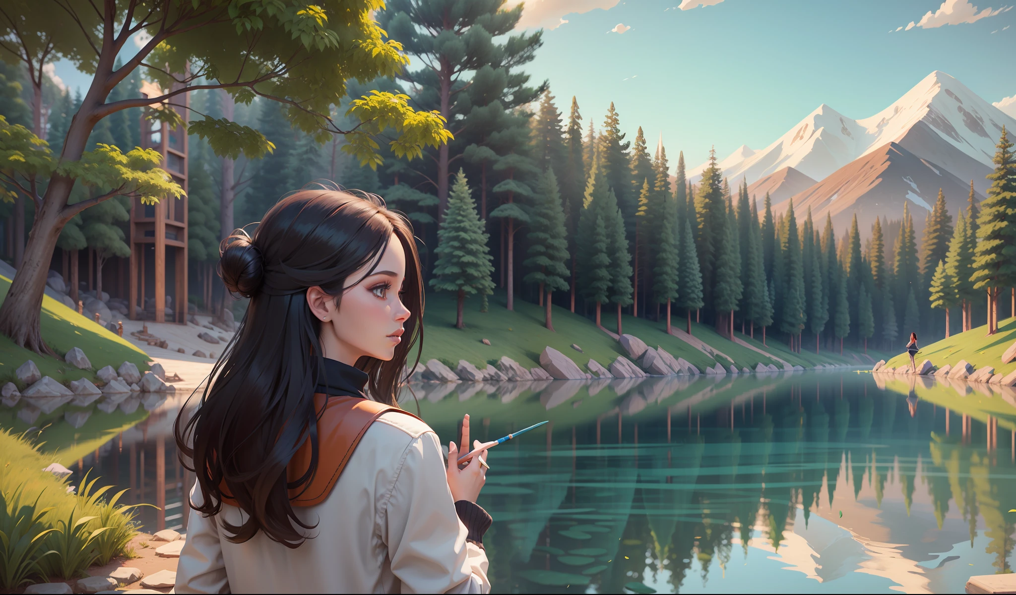 Beautiful character 3d style woman 42 years old female beautiful landscape looking on lake ui,ux