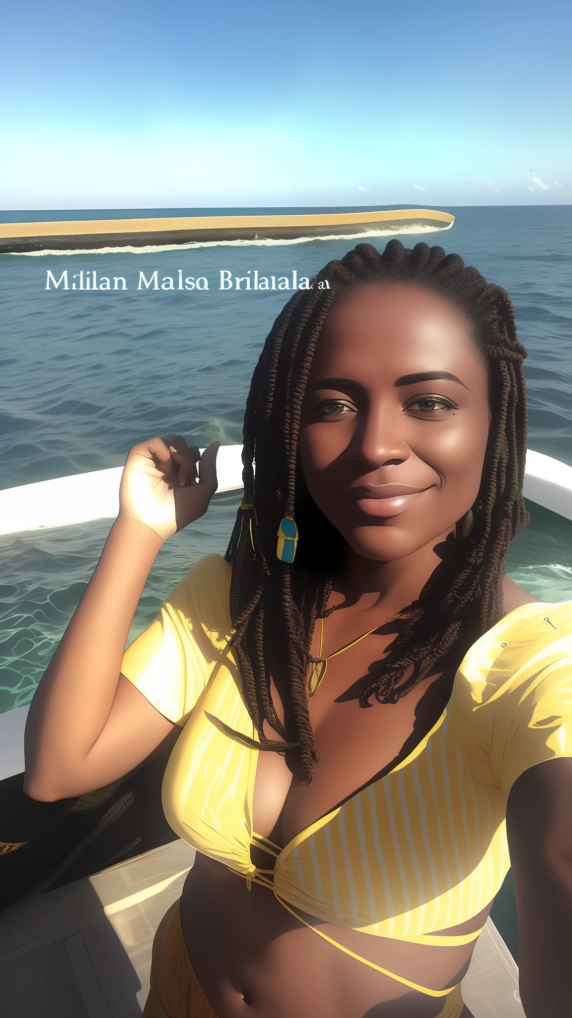 woman with dreadlocks standing on a boat in the Maldives sea, inspired by William Murai's mami wata, Malika Favre, Aida Mulune, looks like fabiula black birth, full-body athletic in mustard yellow bikini