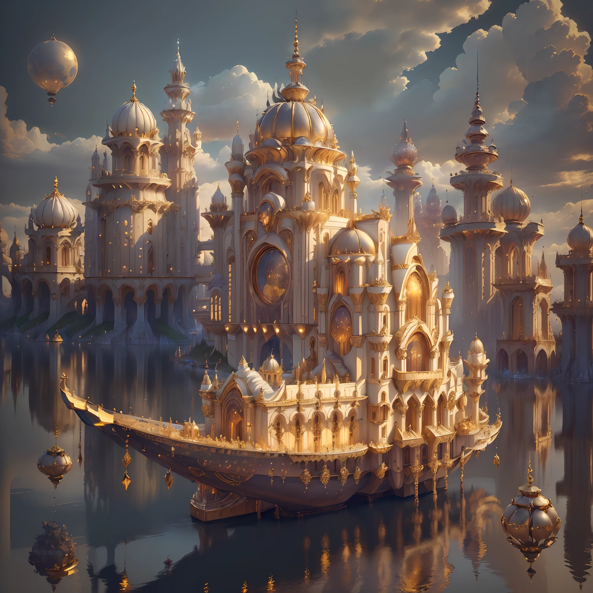 ((((Masterpiece)), Ivory Gold AI City at Night, Isometric, 3D rendering, Very high definition, High detail, There is a big clock on a plate in the water, gorgeous spaceship painting, 4K highly detailed digital art, gorgeous gilded space machine, golden steampunk city atmosphere, fantasy. gondola boat, shocking fantasy 3d rendering, futuristic persian palace, fantasy highly detailed, beautiful detailed fantasy, futuristic palace, detailed fantasy digital art, magic fantasy highly detailed