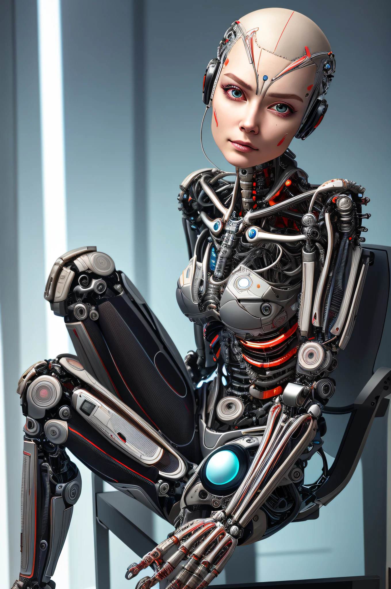 raw photograph, ultra detailed photrealistic, beautiful female android face, tilt head, interrogative gaze, smirk, cyborg, robotic parts, techno lab background, rim light, vibrant details, luxurious cyberpunk, hyperrealistic, anatomical, microchip, elegant, H. R. Giger style, 8k, best quality, masterpiece, an extremely delicate and beautiful, extremely detailed, (realistic, photo-realistic:1.37), incredibly absurdres, robot, full body, sitting