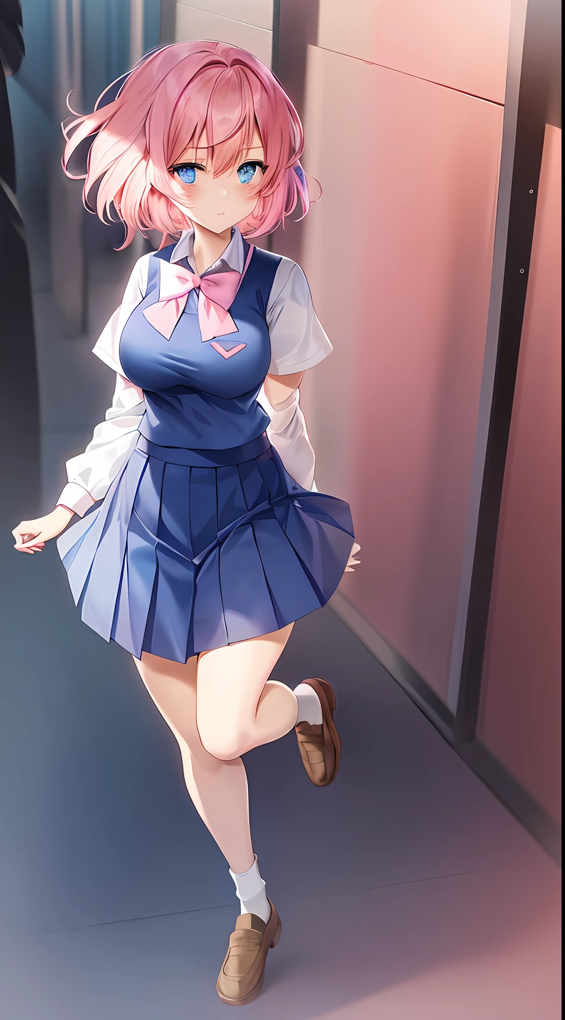 anime girl with short pink hair and blue eyes wearing a bow tie, anime moe artstyle, cute anime face, cute anime girl, ((emotionless)), (school uniform), (khaki slacks), extremely cute anime girl face, detailed anime soft face, beautiful anime portrait, ((pink)), (((full body portrait)))