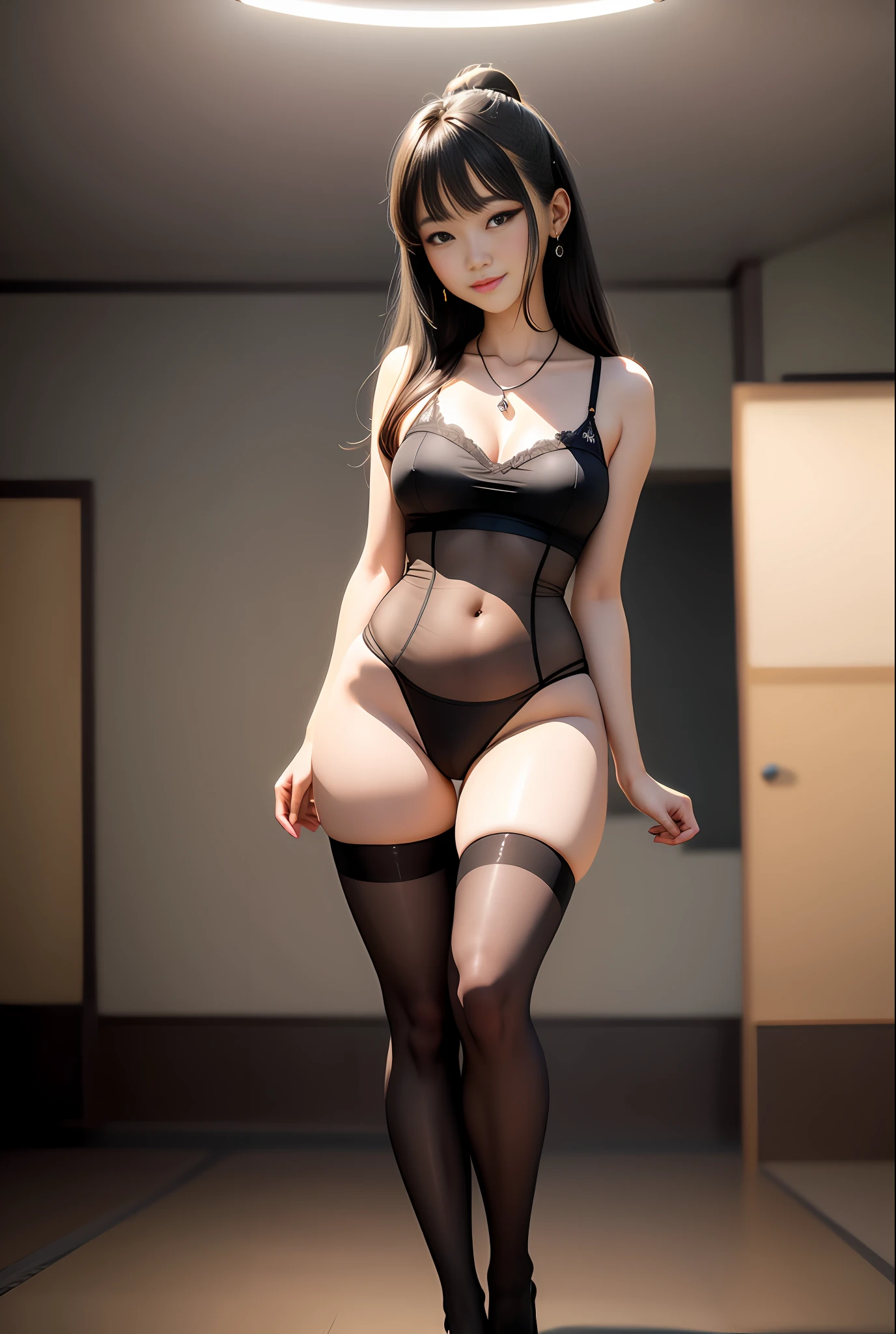 smiling minchen, pantyhose, ridiculous, mouth closed, balanced eyes, (best quality detail: 1.2), realistic, 8K hd, ultra-detailed, high quality texture, complex detail, detailed texture, fine detail, high detail, very detailed CG, high quality shadow, delicate beautiful delicate face, (delicate beautiful delicate eyes: 1.32), ray tracing, (a beautiful 25 year old cute Japanese lady:1),, tall woman, beautiful legs, glowing eyes, blush, perfectly petite, thin , group of men looking around, black pantyhose, extra long hair, sunlight, earrings, necklace, model, looking at the audience, dynamic pose, full body, standing, showing beautiful legs, smooth stockings, no clothes, transparent bra, round breasts, looming, 1 girl, dark room, unexpected dew point, seductive, sock fetish, beautiful feet