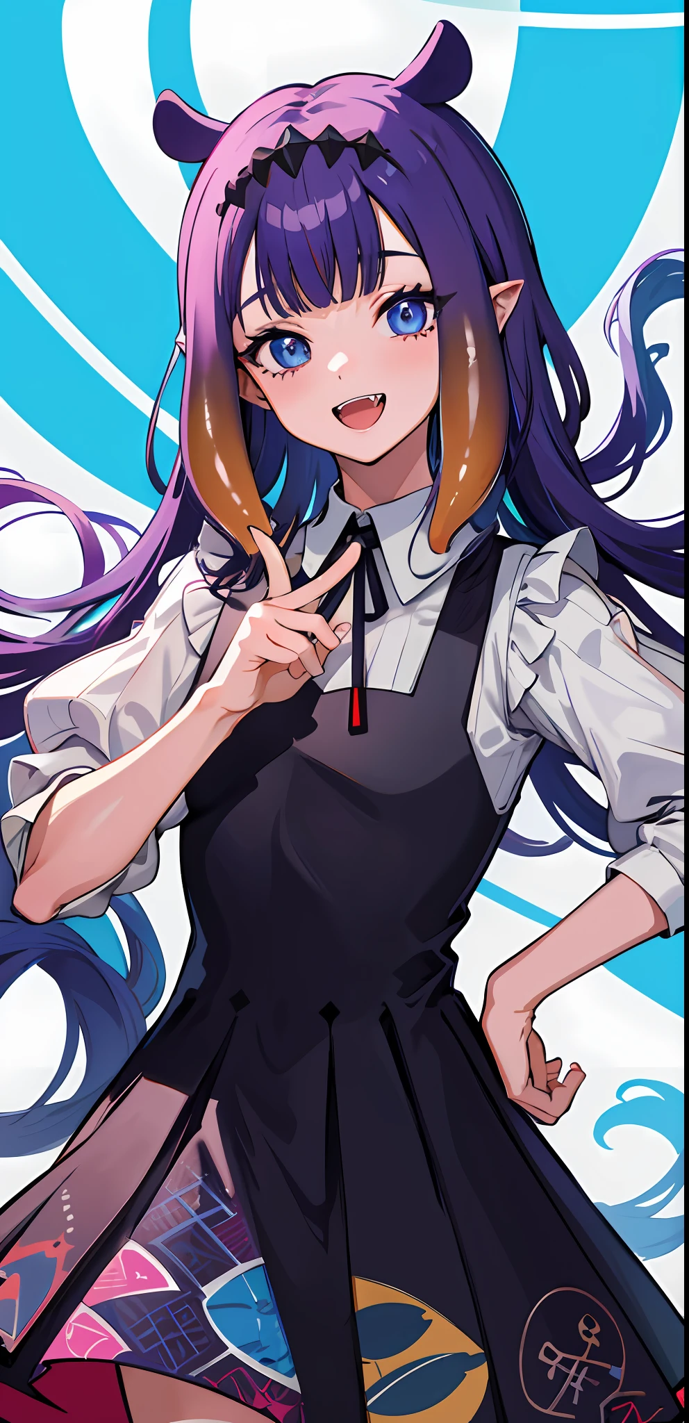 masterpiece, high quality, highres, absurdres, ultra-detailed, detailed eyes, 8k, ti-emb_kobo-kanaeru, 1girl, colorful eyes, fangs, open mouth, bangs, colorful background, looking at viewer, vibrant, contrast, gradient hair, happy, graffiti wall background, water splash, close up, 2d, masterpiece, best quality, anime, highly detailed face, highly detailed eyes, highly detailed background, perfect lighting, 1girl, solo, ina_beret, tentacle hair, pinafore dress, ribbon, smile small breast