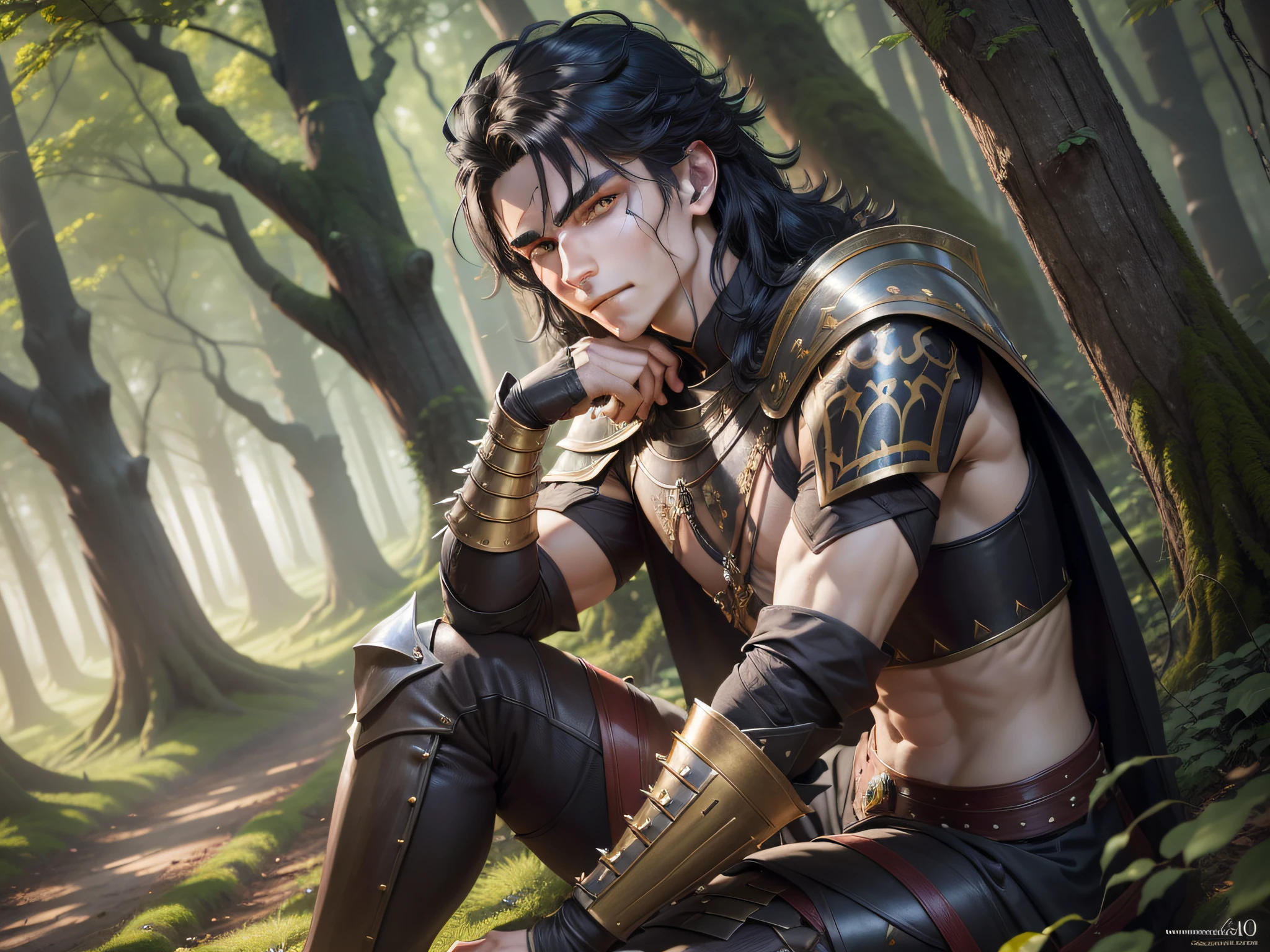 Kentarion, young warrior man 16 years old, black hair, amber eyes. Sitting, magical forest in the background., evil smile, anger vein, Conceptual art, cinematic lighting, motion blur, diffraction spikes, Hasselblad, UHD, anatomically correct, textured skin, super detail, 1080P, 4K