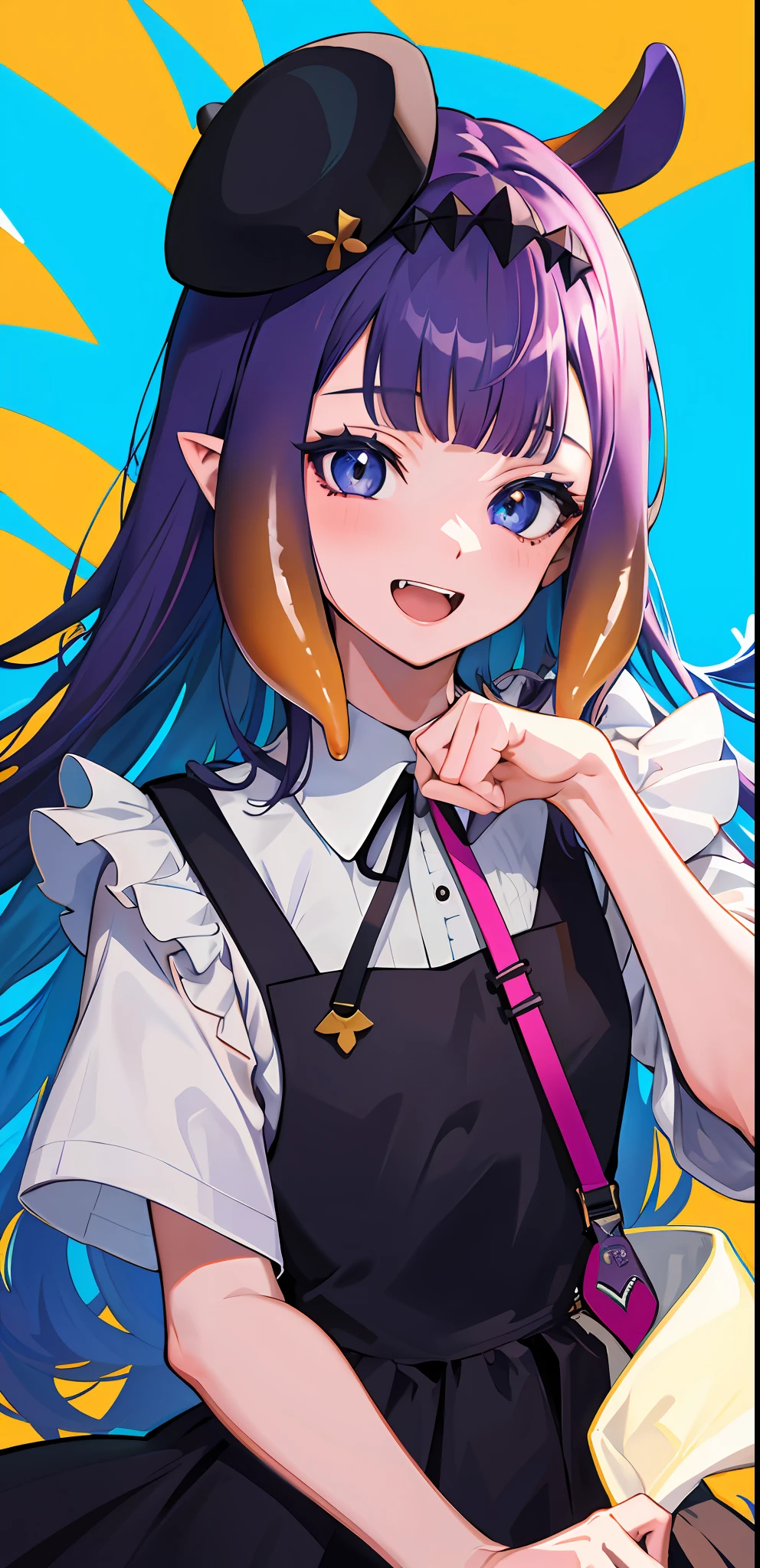 masterpiece, high quality, highres, absurdres, ultra-detailed, detailed eyes, 8k, ti-emb_kobo-kanaeru, 1girl, colorful eyes, fangs, open mouth, bangs, colorful background, looking at viewer, vibrant, contrast, gradient hair, happy, graffiti wall background, water splash, close up, 2d, masterpiece, best quality, anime, highly detailed face, highly detailed eyes, highly detailed background, perfect lighting, 1girl, solo, ina_beret, tentacle hair, pinafore dress, ribbon, smile small breast