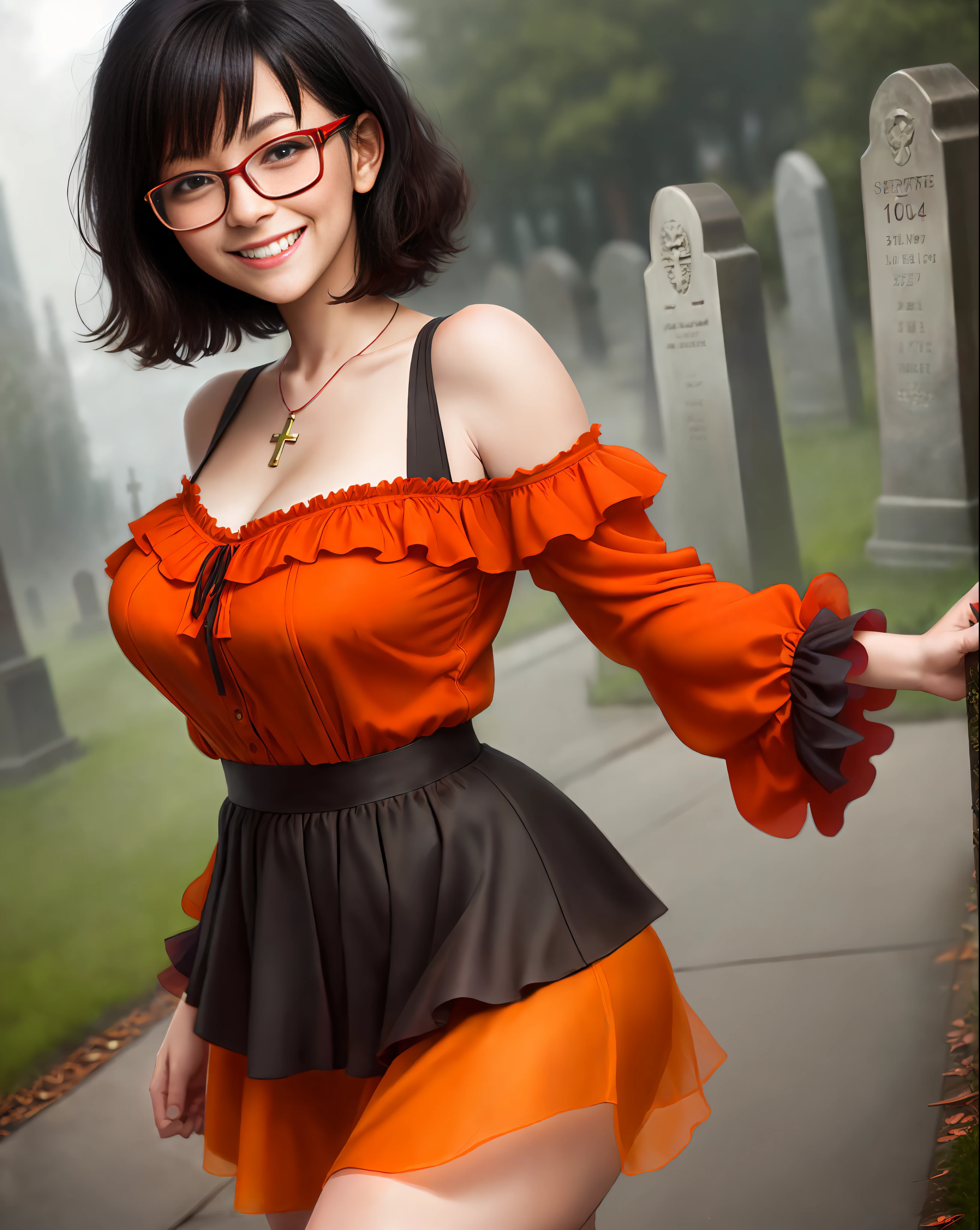 Excited perverted girl, Velma from the Scooby Doo anime, (((BIG SMILE)))), Colombian facial features, short black hair, short and open orange color organza blouse, very sensual, very sensual red high school skirt, posing for photo, large breasts, submissive look, perverted smile, glasses, cemetery, fog, , cloudy night, climate of terror, dawn, crosses, suspense, (masterpiece, blurred background, natural lighting, depth of field, ultra detailed and realistic photography, 100mm lens), portrait style
