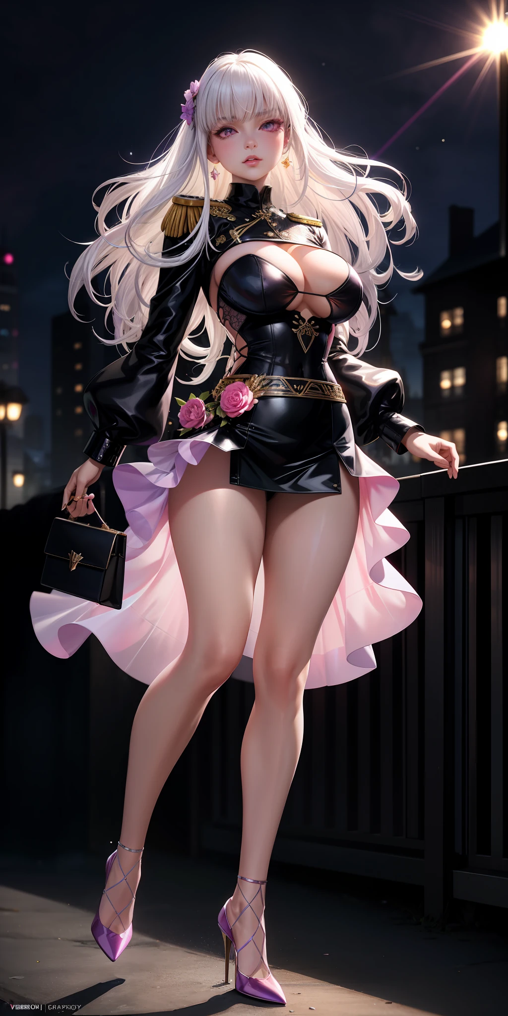 Realistic, 1girl, white hair, purple eyes, glowing eyes, cut top, skirt, parted lips, blush, night, flowers, sun, sunlight, female officer, transparent intimate clothes, black curly hair, pink high heels, crystal shoes, bags, large breasts, downboob, mesh clothes