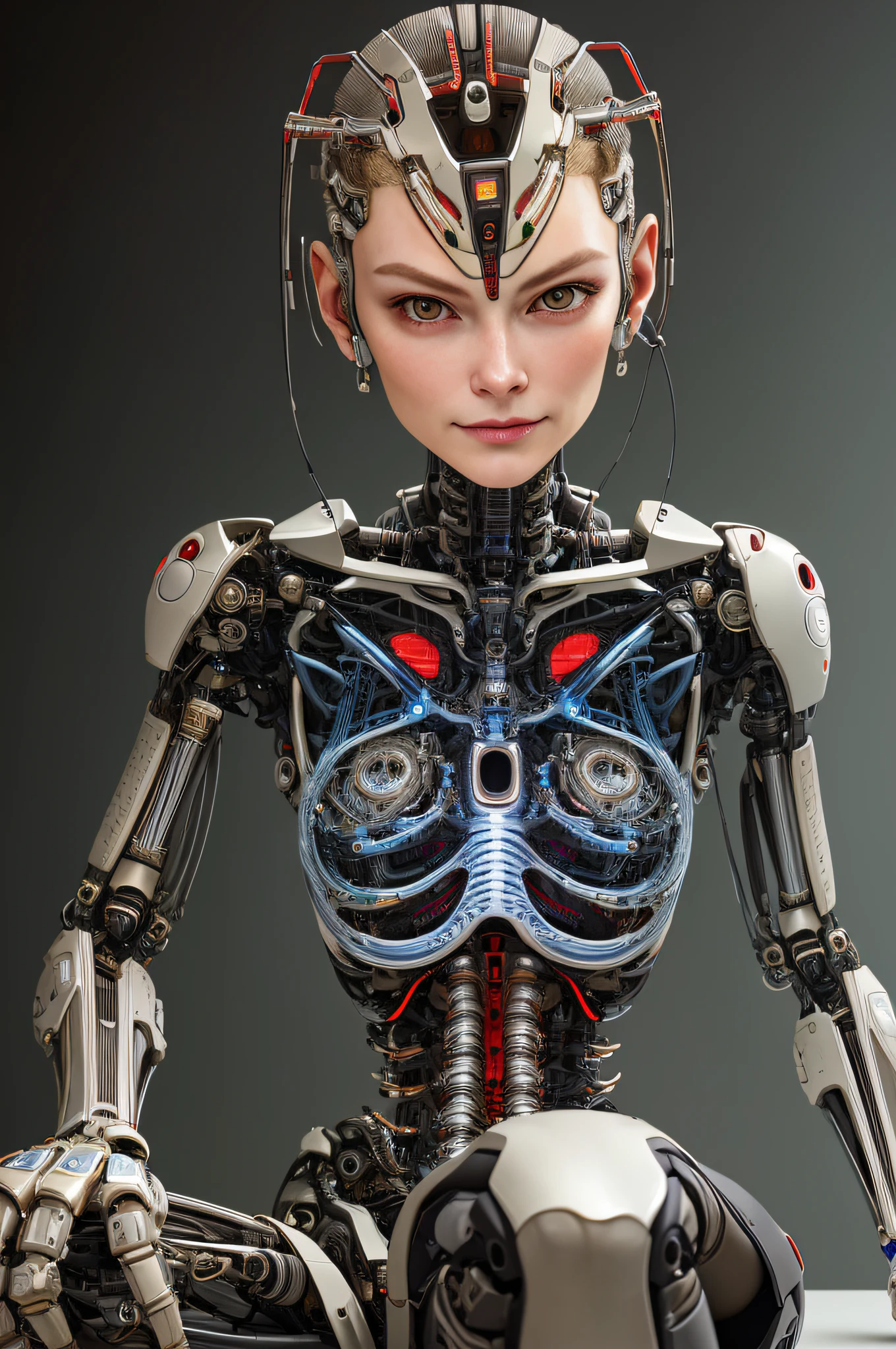 raw photograph, ultra detailed photrealistic, beautiful female android face, tilt head, interrogative gaze, smirk, cyborg, robotic parts, techno lab background, rim light, vibrant details, luxurious cyberpunk, hyperrealistic, anatomical, microchip, elegant, H. R. Giger style, 8k, best quality, masterpiece, an extremely delicate and beautiful, extremely detailed, (realistic, photo-realistic:1.37), incredibly absurdres, robot, full body, sitting