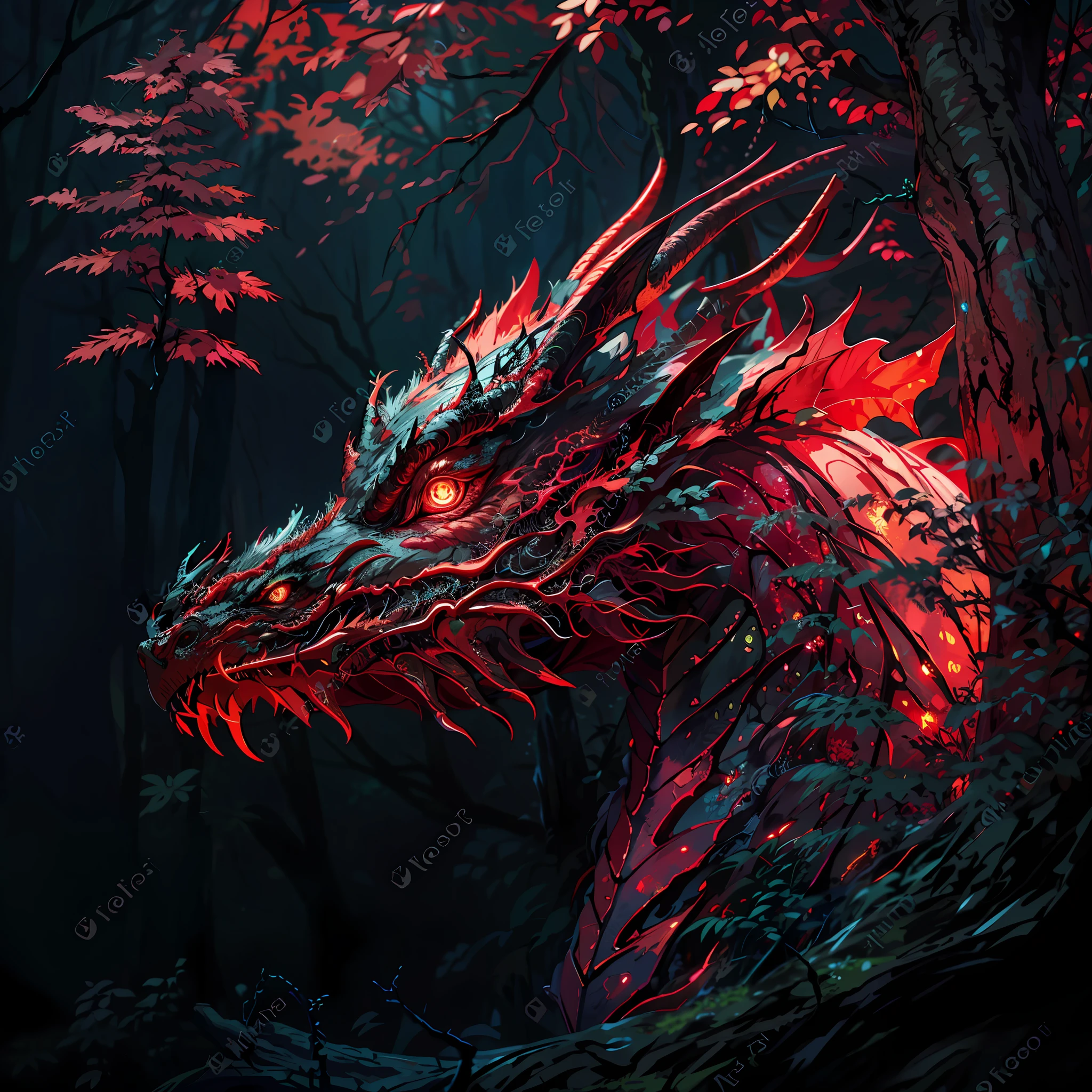 a red dragon with glowing eyes in the dark forest, dragon art, red dragon, dragon with scars, dragon portrait, a red dragon, cyborg dragon portrait, 8k high quality detailed art, with red glowing eyes, portrait of a dragon, fire dragon, detailed fantasy digital art, 4k detailed digital art, dark but detailed digital art, red glowing eyes