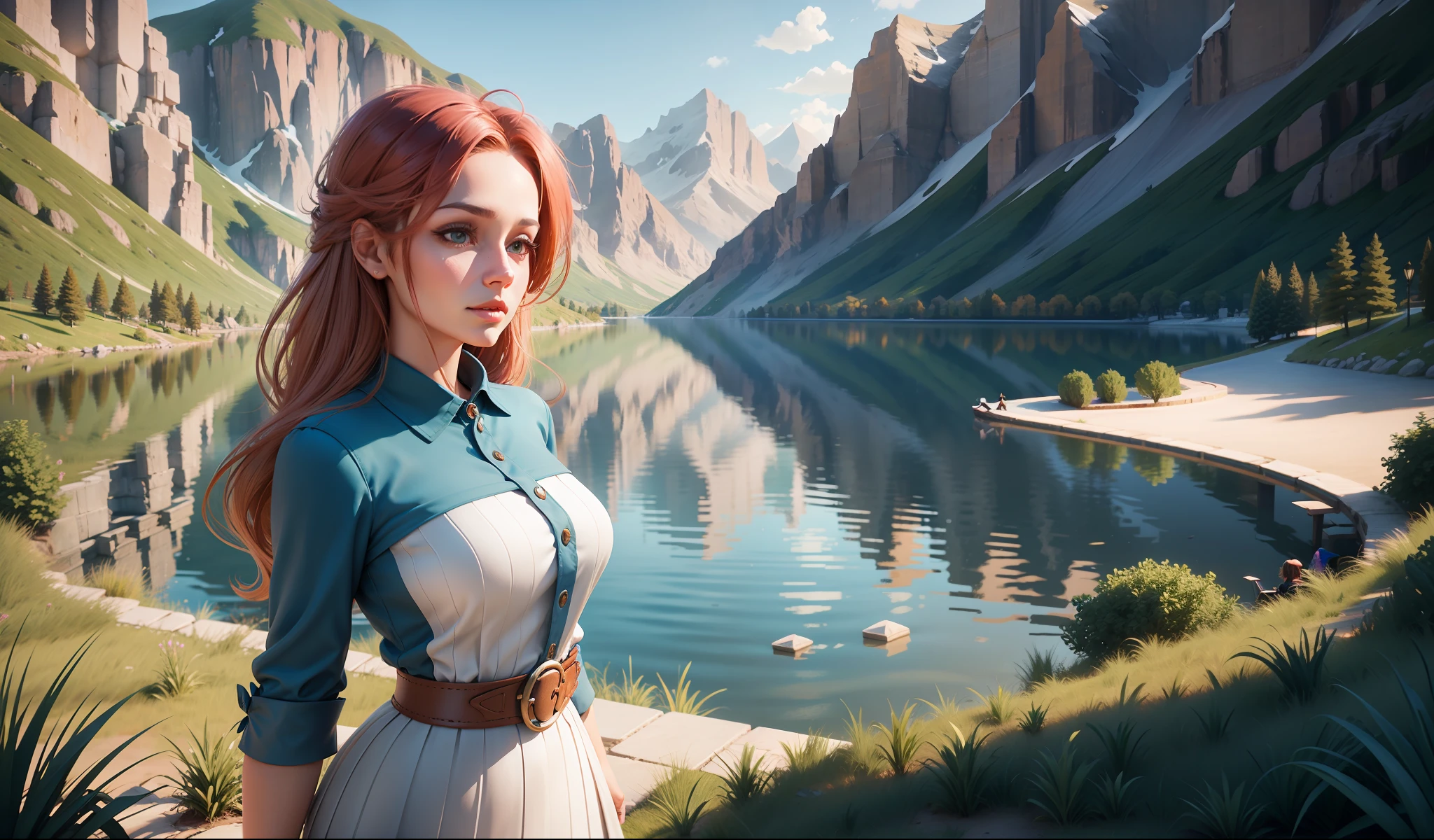 Beautiful character 3d style woman 42 years old female beautiful landscape looking on lake ui,ux