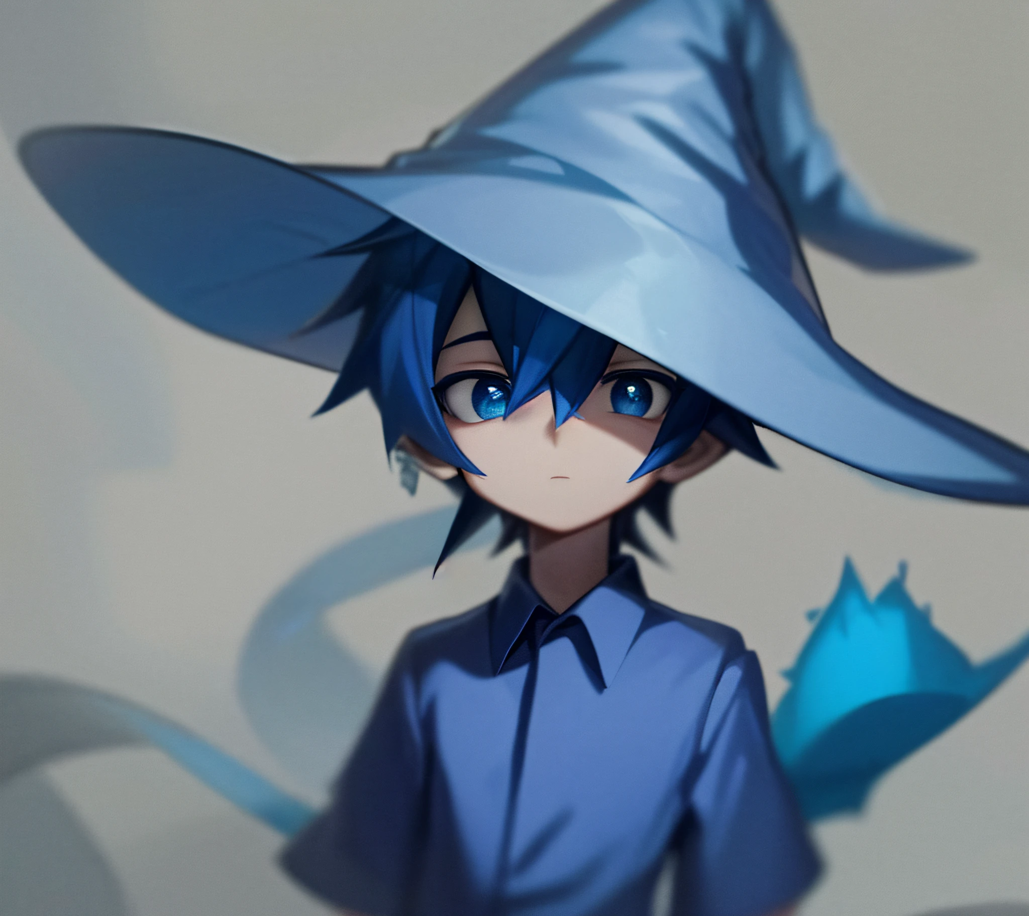 a cartoon drawing of a boy wearing a blue hat and a blue shirt, 2 d anime style, witch boy, witch pointy hat, sad wizard,young human wizard