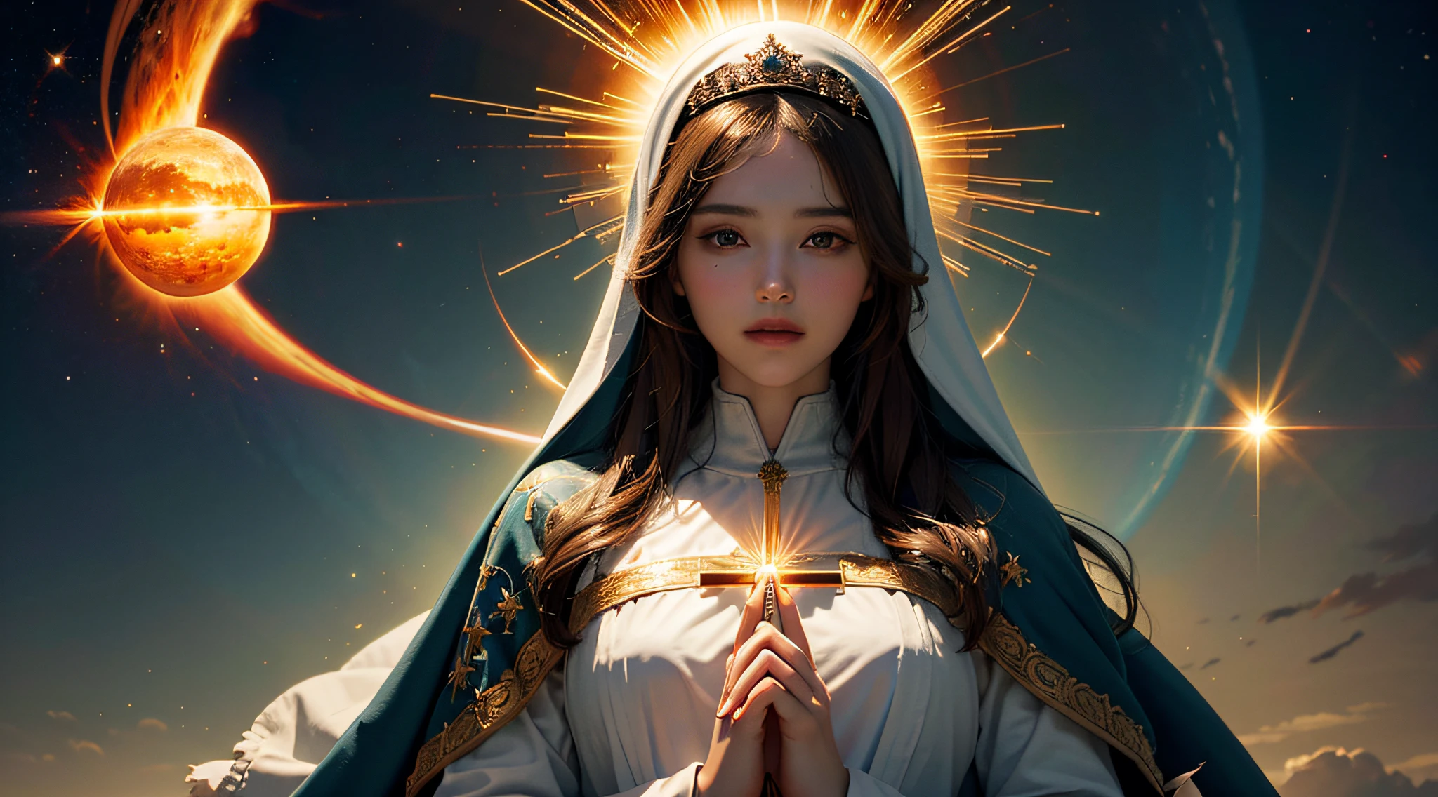 masterpiece, best quality, 8k wallpaper unit, ultra detailed, virgin mary, mother of jesus, solar disk, solar flare spell, divine intervention,