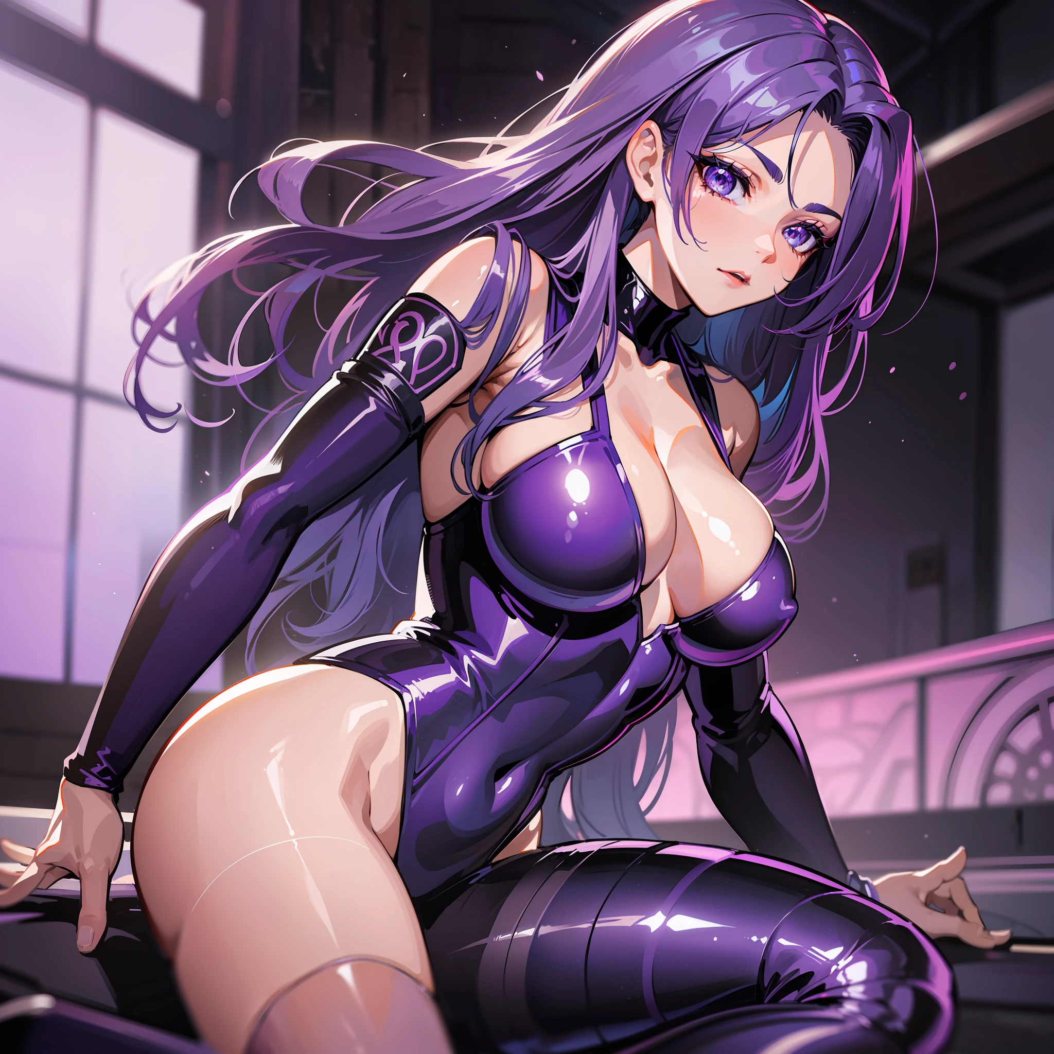 psylocke,best quality, eye reflection ((masterpiece)), best quality, extremely detailed CG in 8k, dynamic pose, stunning,yummy,wavy and long hair,biker style leather jacket,perfect body,lilac eyes,sleeveless bodysuit and legless swimsuit style,dark purple hair,adult, 30 years,Xmen,stan lee style,command room,night, moonlight