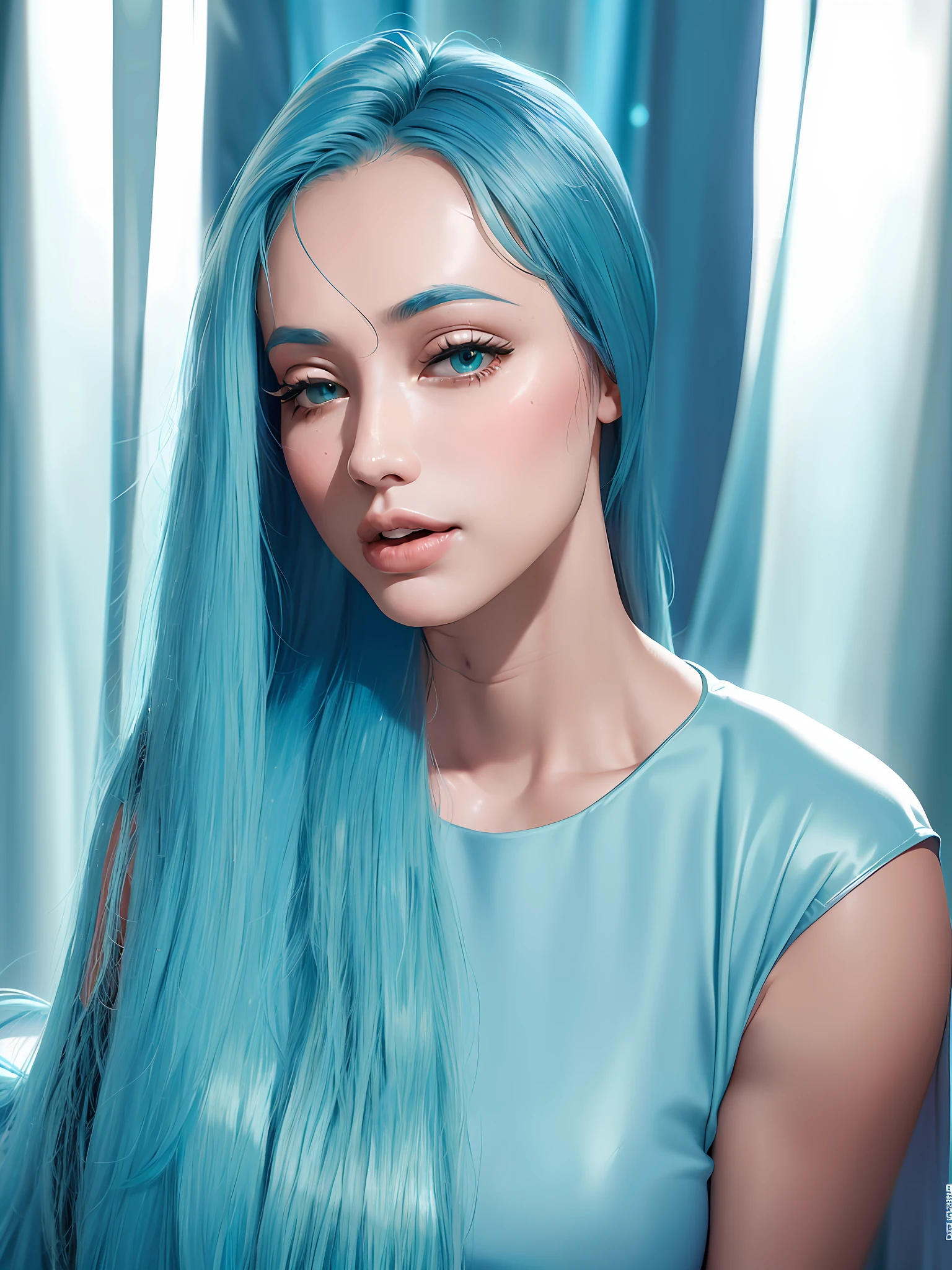 there is a woman with long blue hair sitting on a bed, with long turquoise hair, sky blue straight hair, cindy avelino, blue long hair, with long hair, straight hairstyle, straight sky blue hair, blue hairstyle, few vivid turquoise highlights, long cyan hair, asian girl with long hair, long azure blue hair, long blue hair, with blue hair