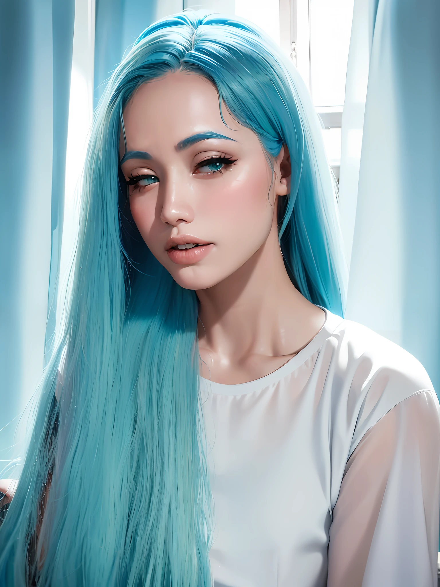 there is a woman with long blue hair sitting on a bed, with long turquoise hair, sky blue straight hair, cindy avelino, blue long hair, with long hair, straight hairstyle, straight sky blue hair, blue hairstyle, few vivid turquoise highlights, long cyan hair, asian girl with long hair, long azure blue hair, long blue hair, with blue hair