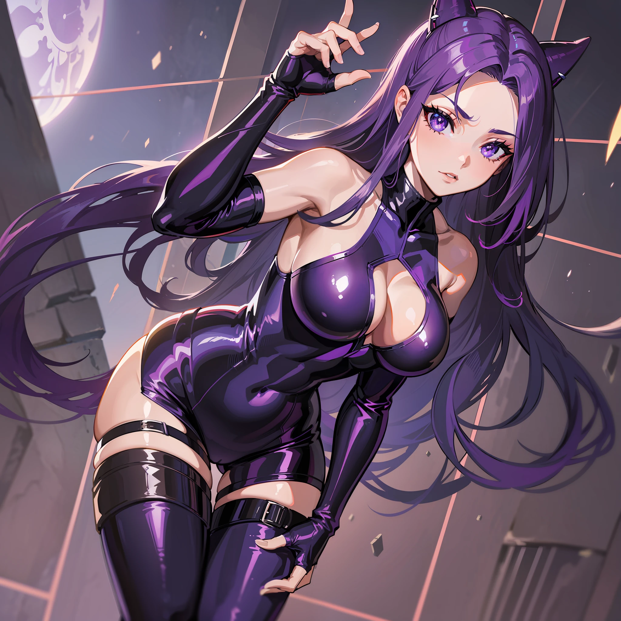 psylocke,best quality, eye reflection ((masterpiece)), best quality, extremely detailed CG in 8k, dynamic pose, stunning,yummy,wavy and long hair,biker style leather jacket,perfect body,lilac eyes,sleeveless bodysuit and legless swimsuit style,dark purple hair,adult, 30 years,Xmen,stan lee style,command room,night, moonlight