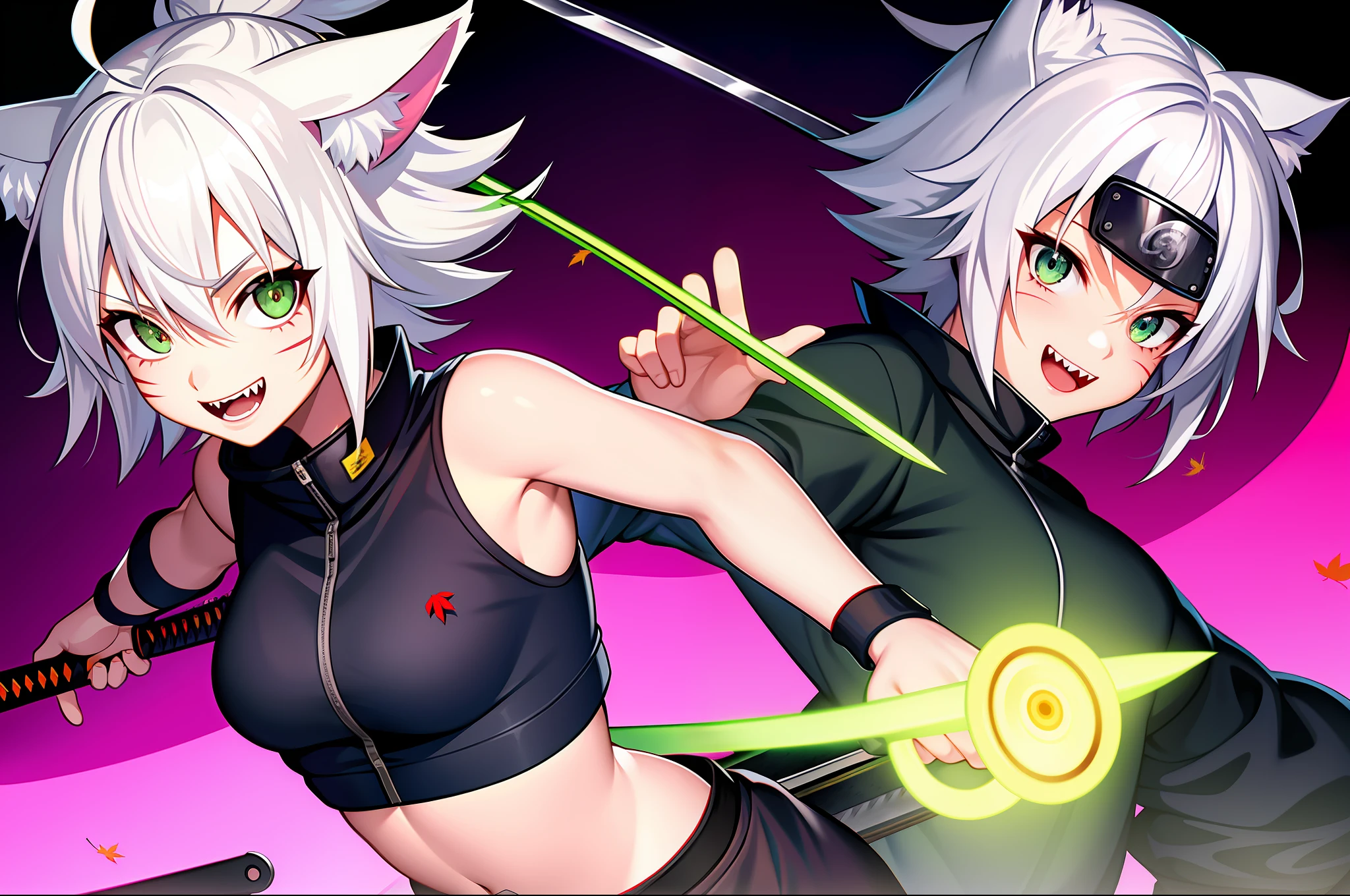 SFW, ultra 4k hd, absurdres, anime, naruto, white hair, neko, green eyes, ninja, short hair, chubby, medium breasts, messy hair, gray hair, cat ears, catgirl, nekomimi, cat tail, forehead protector, kunoichi, hair between eyes, silver hair, anime style, eye scar, smiling, fangs, sharp teeth, 1girl, naruto shippuden, solo, baggy clothes, alone, leaf village, konoha, sidetails, tomboyish sidetails, ahoge, sword, katana