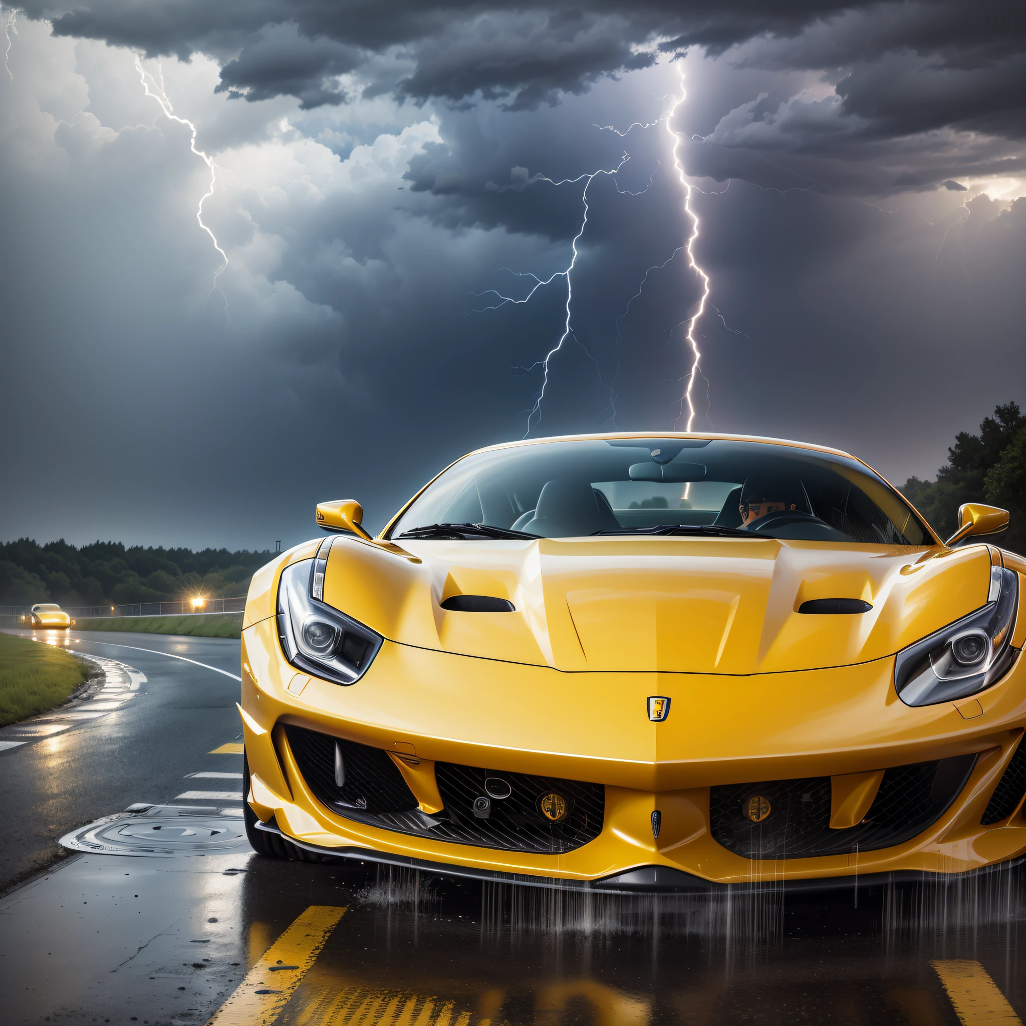 Photo of a yellow ferrari car, wet road, lightning in sky, in crpht-4300 photography style --auto --s2