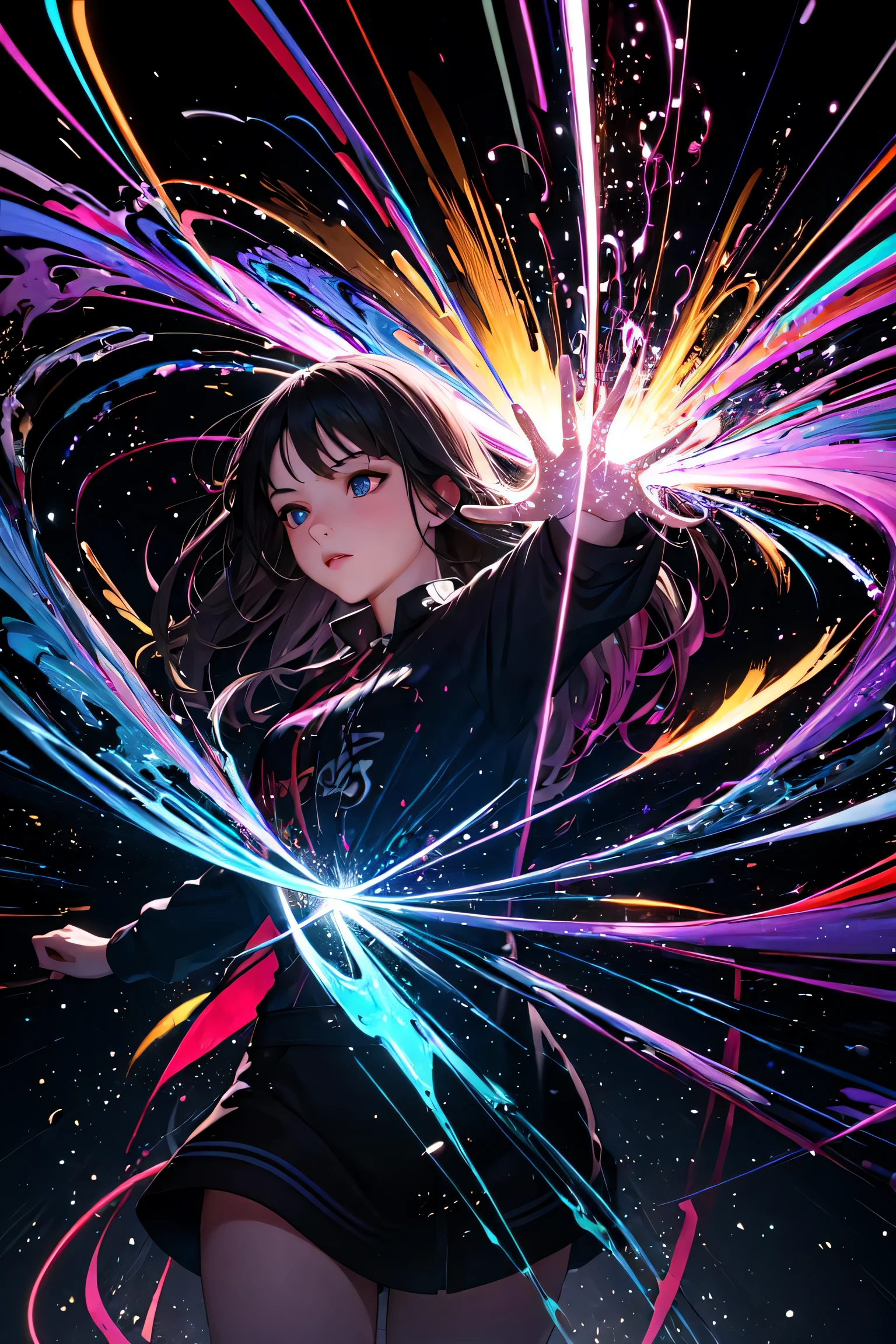 masterpiece, best quality, light painting, (long exposure:1.2),dynamic streaks, luminous trails, vibrant colors, fluid movement, captivating patterns, creative experimentation,(1girl:1.2),(cowboy shot:1.2)
