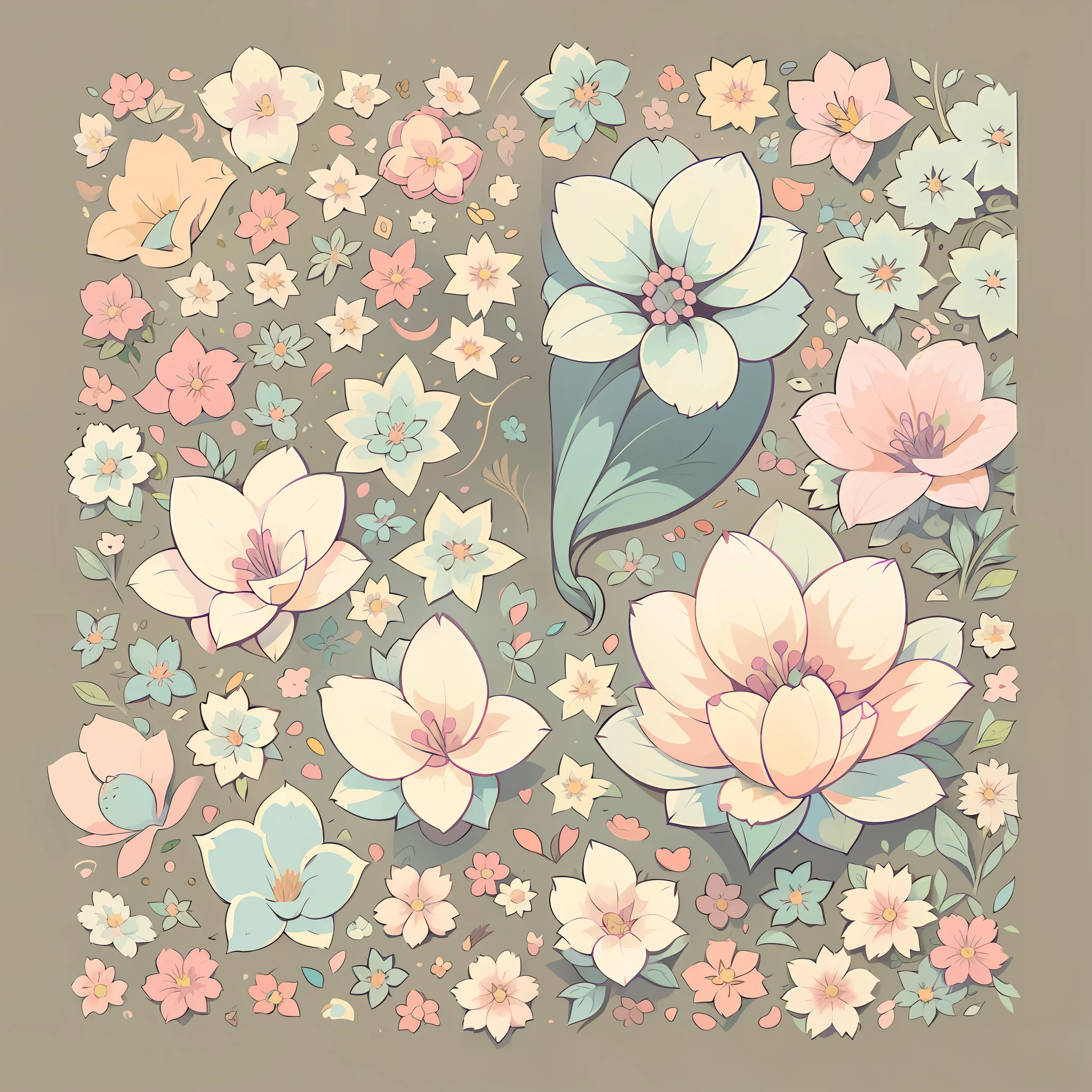 Flower set pattern with plants and vine, defined shape, flat style, vector style, drawing style, naïve style, wallpaper style, in soft pastel colors such as old pink, pastel blue, light blue, beige, pastel yellow, pastel white ivory. No shadows in the images. --auto --s2