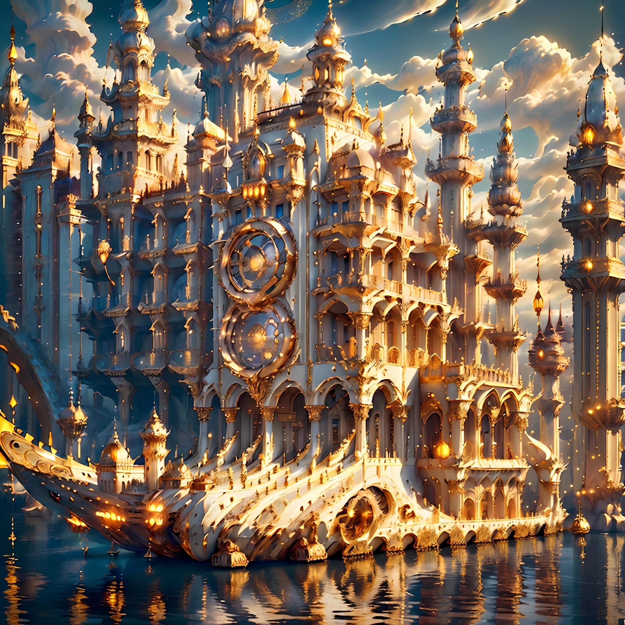 ((((Masterpiece)), Ivory Gold AI City at Night, Isometric, 3D rendering, Very high definition, High detail, There is a big clock on a plate in the water, gorgeous spaceship painting, 4K highly detailed digital art, gorgeous gilded space machine, golden steampunk city atmosphere, fantasy. gondola boat, shocking fantasy 3d rendering, futuristic persian palace, fantasy highly detailed, beautiful detailed fantasy, futuristic palace, detailed fantasy digital art, magic fantasy highly detailed