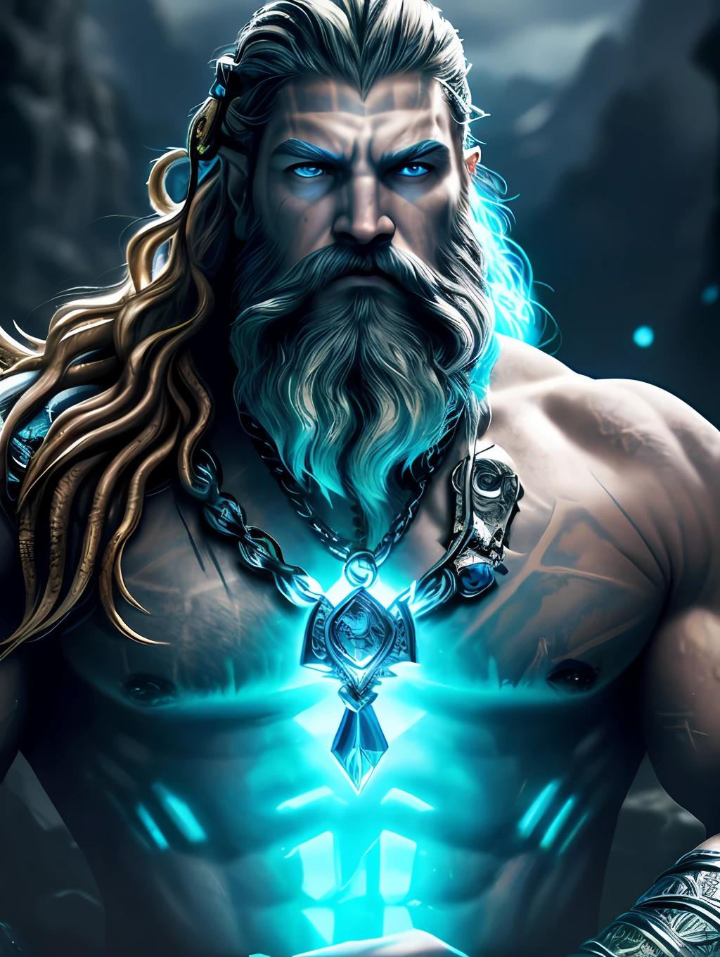 A close up photo of the God Poseidon with a chain around his neck (glowing blue chain:1.2) (in hand:1.2), fantasy art, avatar image, profile picture 1024px, viking and templar aesthetics, adorned with precious stones, cg artist, ultra detailed portrait, struggling to remain relevant in age-old battles, screaming, (hairy man:1.2), realistic motion action photo, (((hdr))), hyperdetailed, cinematic, cool lights, intricate details, muscle, perspective view, UHD, 64k, unreal.