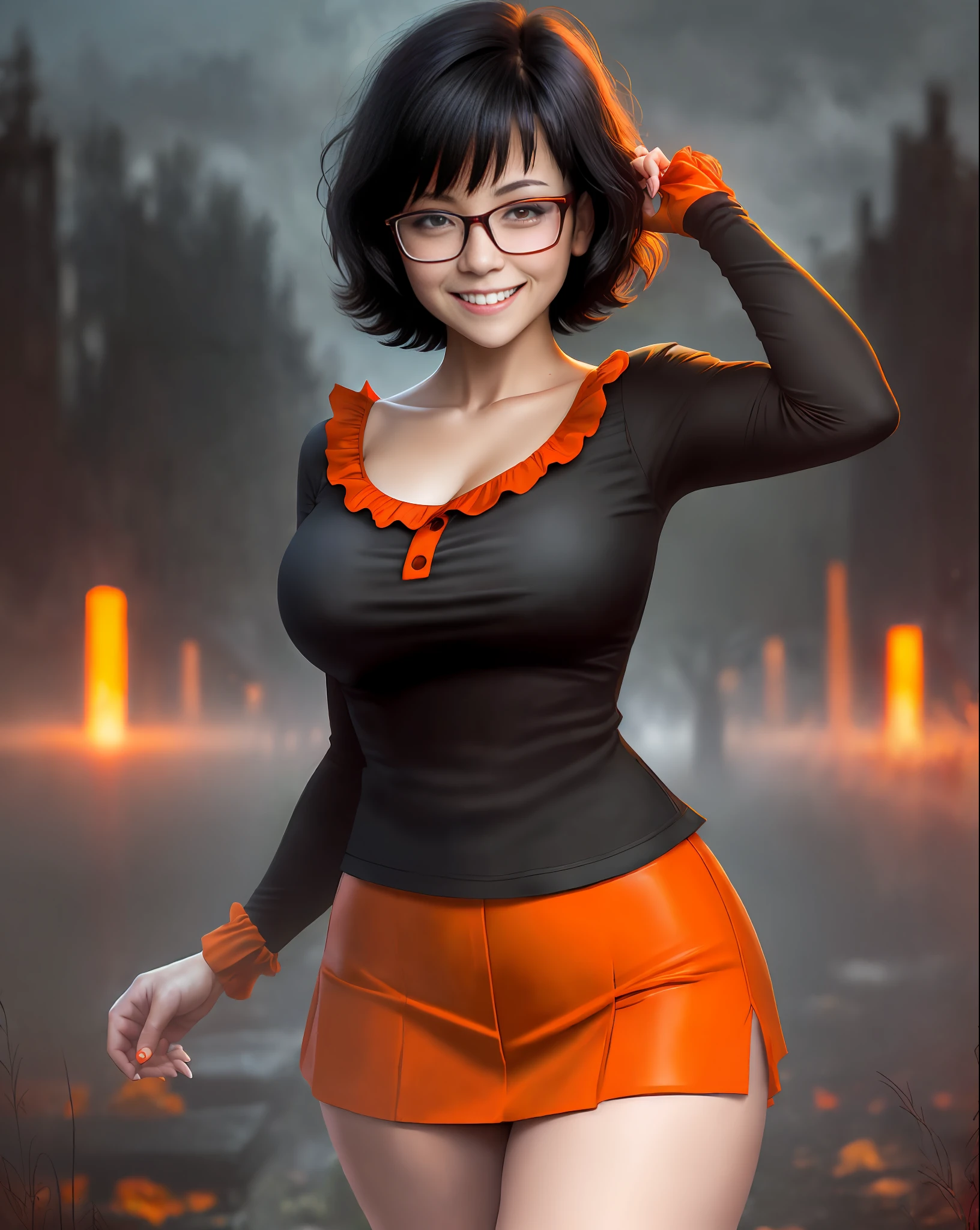 Perverted face girl, Velma from Scooby Doo anime, (((BIG SMILE)))), western facial features, short black hair, short orange open orange blouse (crepe), very sensual, very sensual red high school mini skirt, posing for photo, large breasts, submissive look, perverted smile, glasses, short black glove, cemetery, fog, dark, 3 am, cloudy night, horror weather, dawn, crosses, suspense, (masterpiece, blurred background, natural lighting, depth of field, ultra detailed and realistic photography, 100mm lens), portrait style