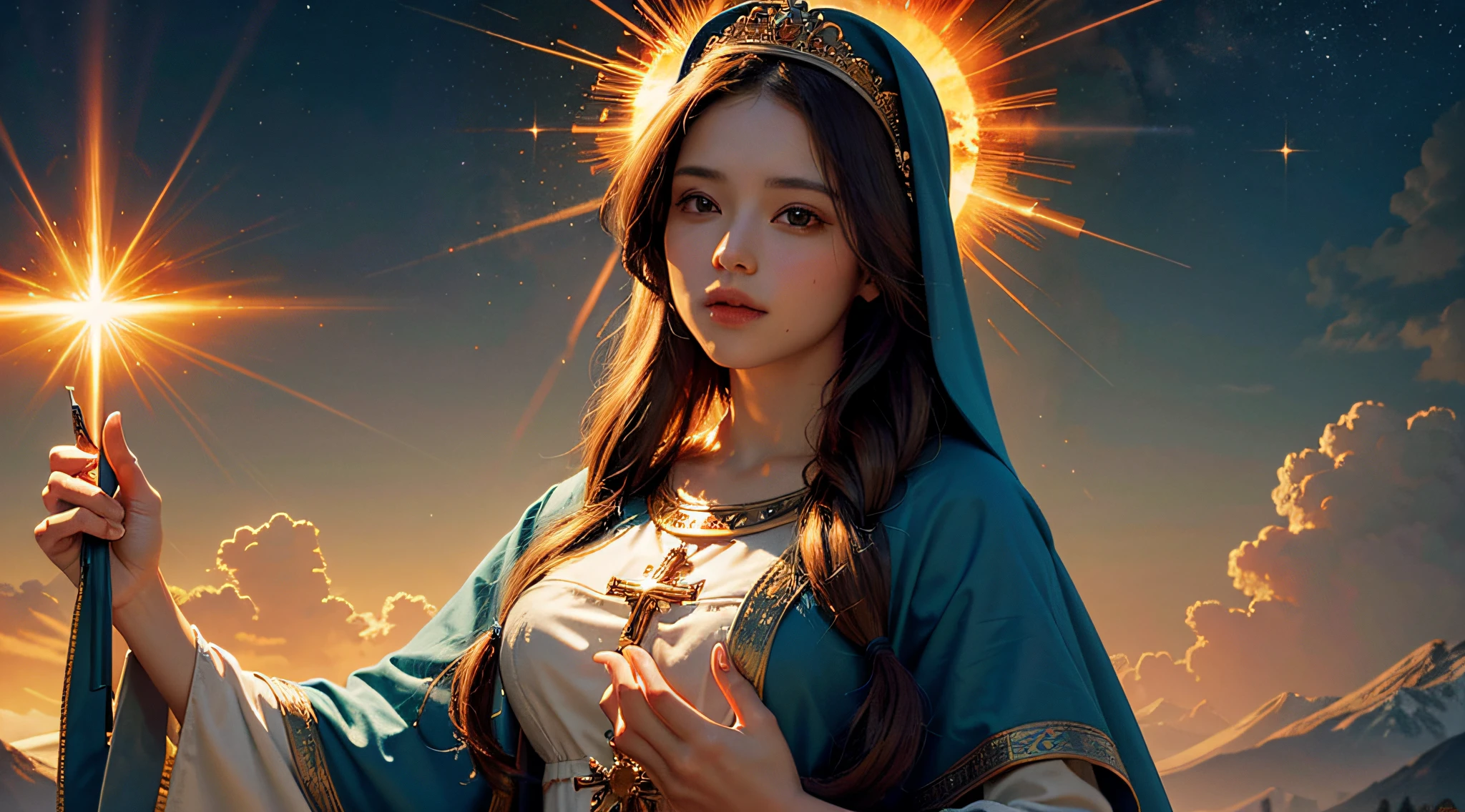 masterpiece, best quality, 8k wallpaper unit, ultra detailed, virgin mary, mother of jesus, solar disk, solar flare spell, divine intervention,