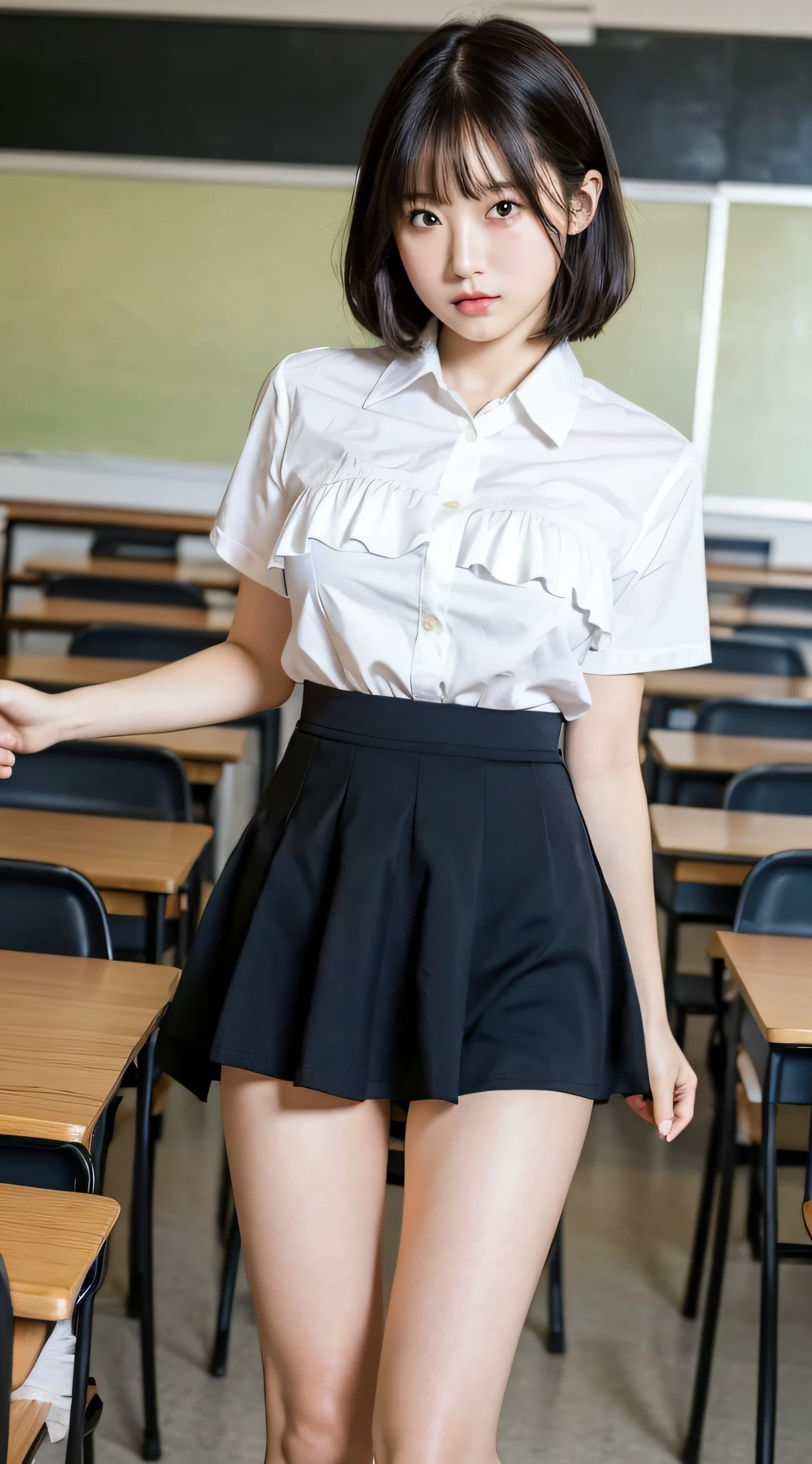 (Best quality, 8k, 32k, Masterpiece, UHD:1.2),Photo of Pretty Japanese woman,(detailed face:1.1), semi-short black hair, standing classroom, teacher, large breast, simple white shirts, ((looking at viewer:1.1)), (( long flare skirt)), frown, blackboard, desks, chairs, standing, cowboy shot, (spread legs), ((lift skirt by myself)), from below, (((showing panties))), (frilled panties), embarrassed,