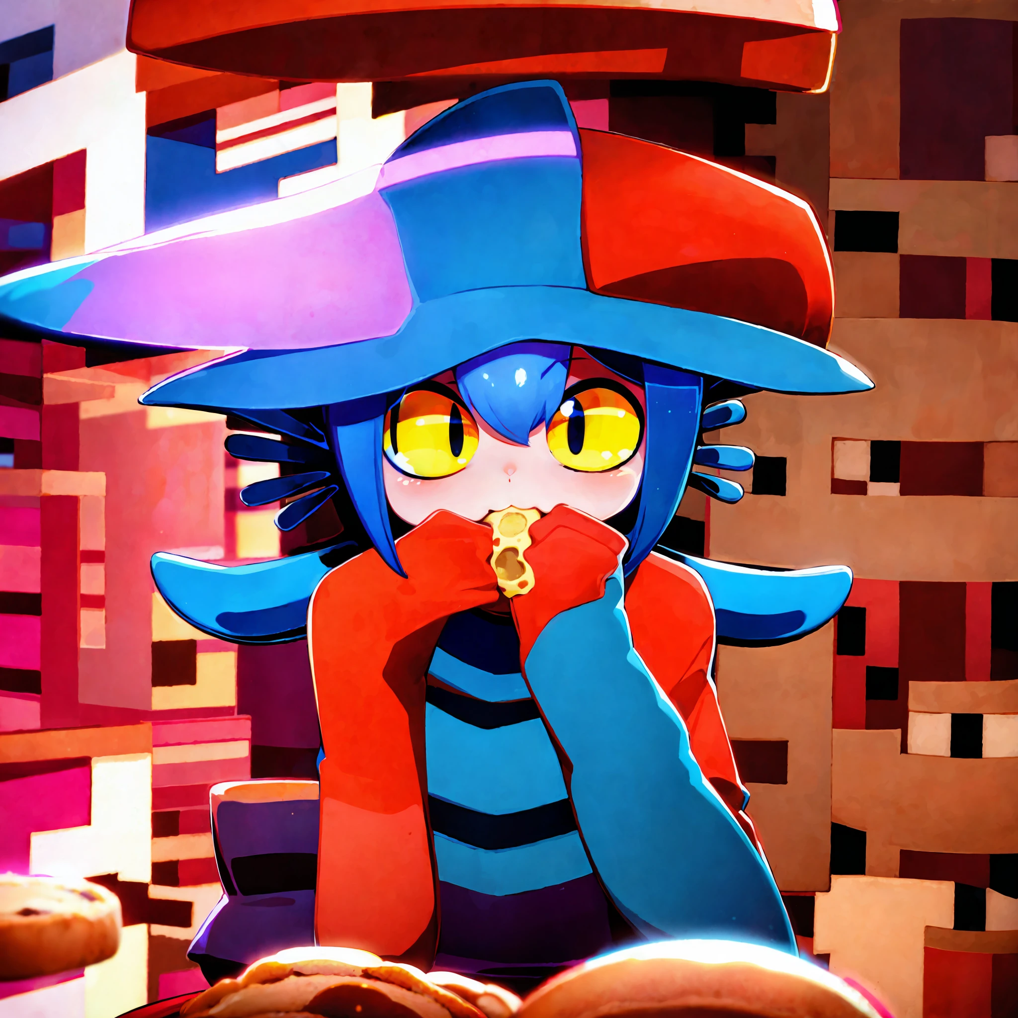 masterpiece, ((eating cookies)), best quality, niko, yellow eyes, person, red hat, hat, red dress, blue hair, simple background,