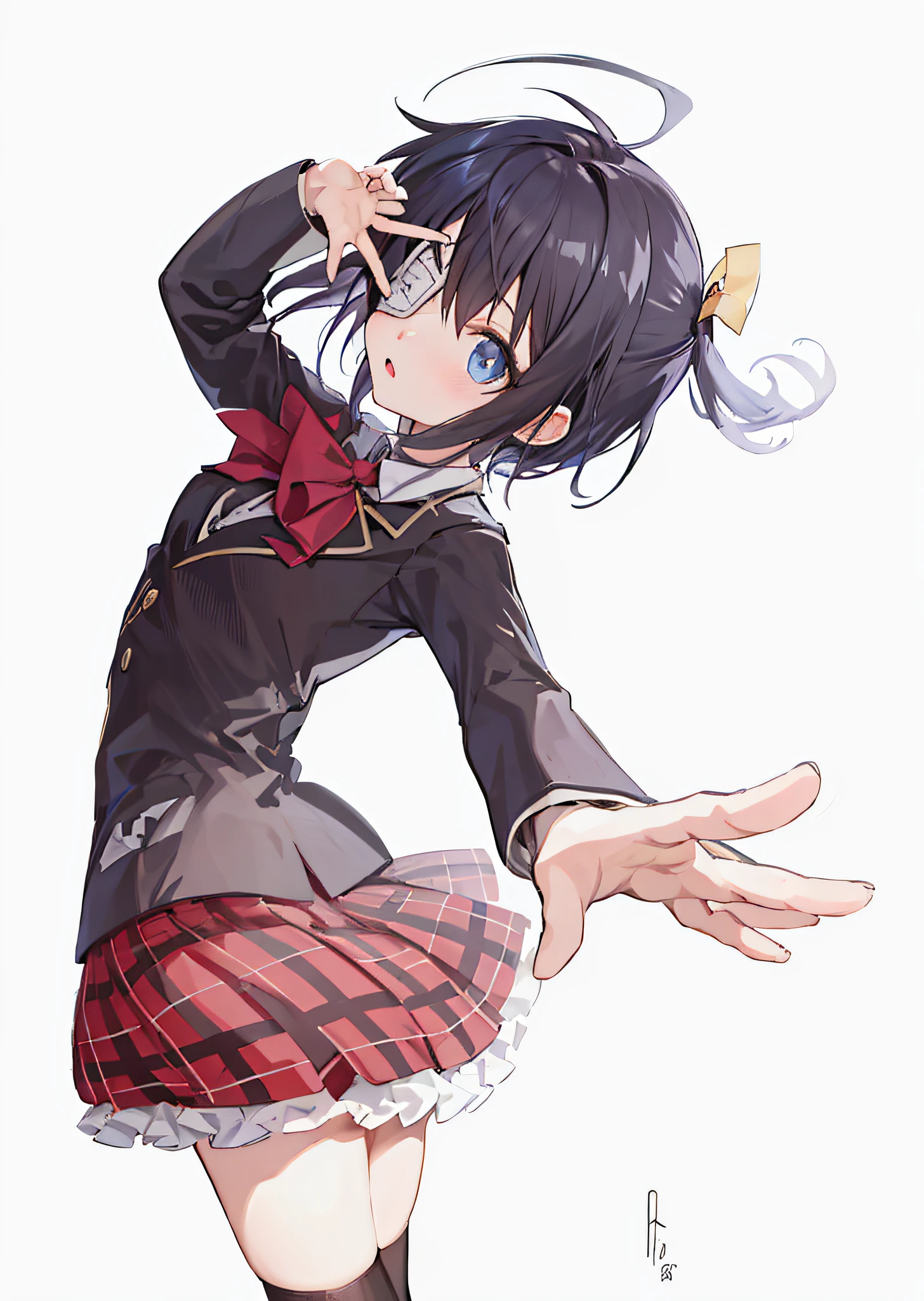 high res, masterpiece,Rikka Takanashi, black hair, solo, 1girl,outside,deatailed background, detailed eyes, ((blue eyes)), eyepatch