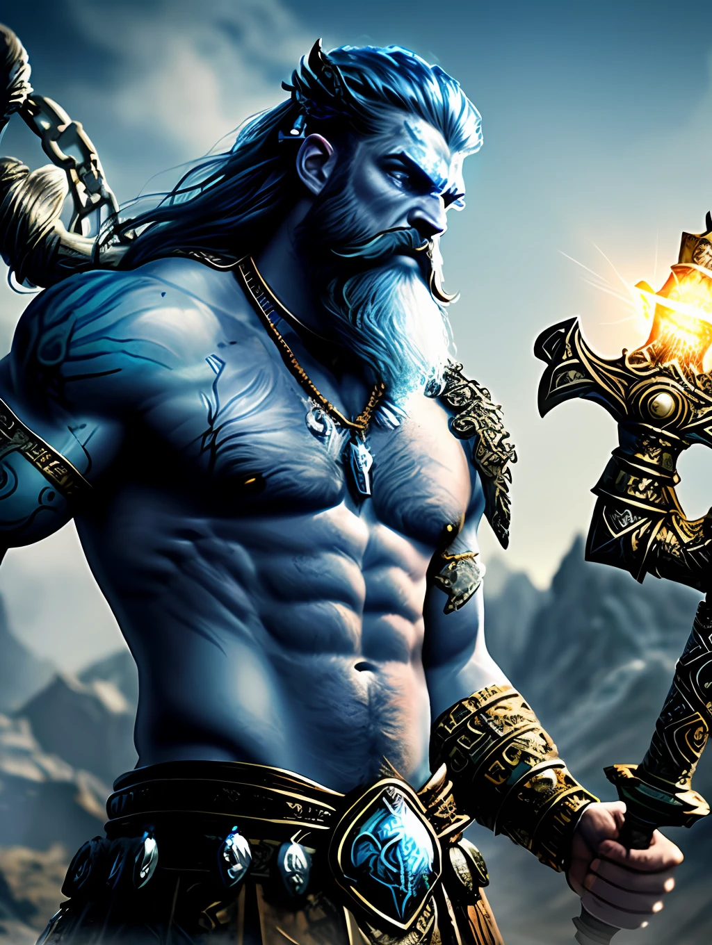 A close up photo of the God Poseidon with a chain around his neck (glowing blue chain:1.2) (in hand:1.2), fantasy art, avatar image, profile picture 1024px, viking and templar aesthetics, adorned with precious stones, cg artist, ultra detailed portrait, struggling to remain relevant in age-old battles, screaming, (hairy man:1.2), realistic motion action photo, (((hdr))), hyperdetailed, cinematic, cool lights, intricate details, muscle, perspective view, UHD, 64k, unreal.
