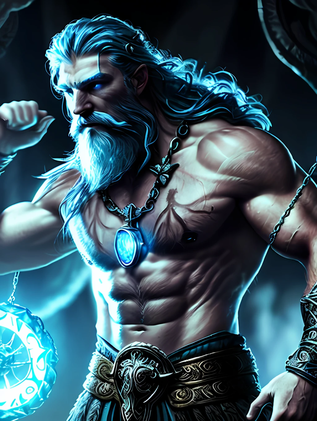 A close up photo of the God Poseidon with a chain around his neck (glowing blue chain:1.2) (in hand:1.2), fantasy art, avatar image, profile picture 1024px, viking and templar aesthetics, adorned with precious stones, cg artist, ultra detailed portrait, struggling to remain relevant in age-old battles, screaming, (hairy man:1.2), realistic motion action photo, (((hdr))), hyperdetailed, cinematic, cool lights, intricate details, muscle, perspective view, UHD, 64k, unreal.