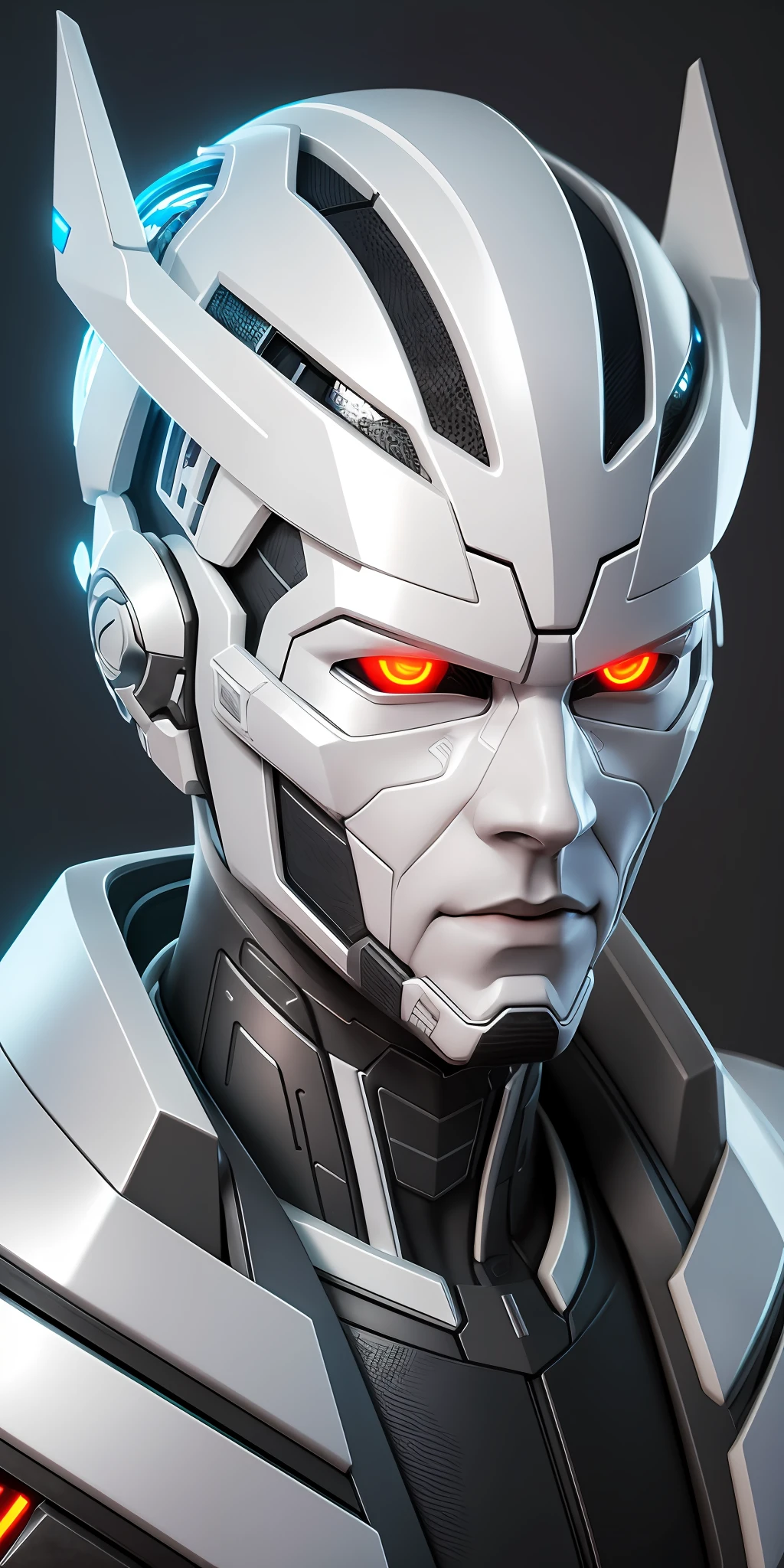 A man with white cyborg style skin, very detailed, super realistic, 4 k, left side of the face infrared metallic eye, an ultra and mega realistic cybernetic street --auto --s2