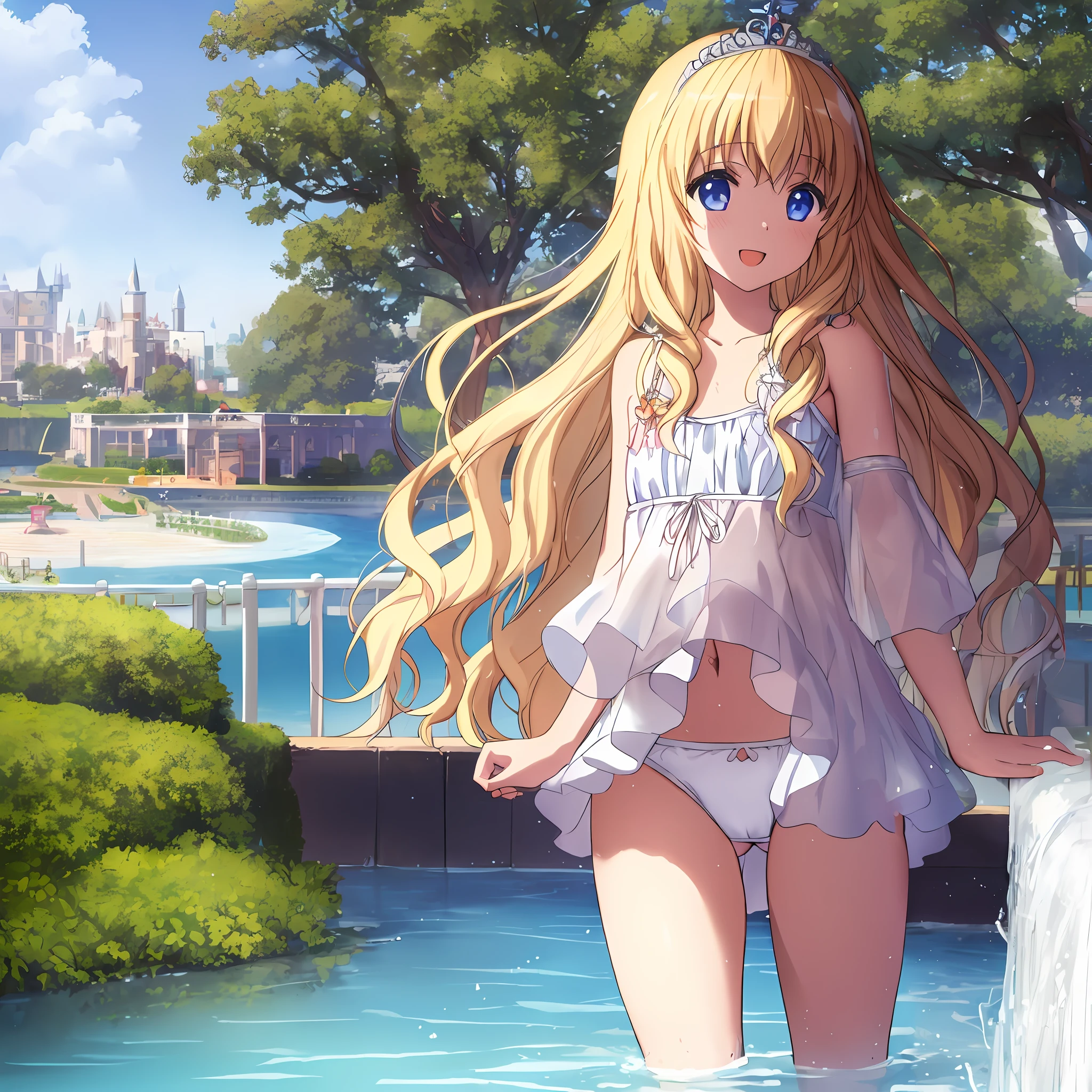 best quality, (masterpiece:1.2), highly detailed, day, outdoors, (beautiful and clear background:1.2), 1girl, solo, latifa fleuranza, open mouth, happy, smile, looking at the viewer, blonde hair, long hair, very long hair, blue eyes, (finely detailed beautiful eyes: 1.2), (tiara), ((theme park)), (boat ride, bathing, wet, pond, water, water fall, water splash, plants, tree, lantren), wet body, flat chest, little,child, (white bikini, white lace bikini), cameltoe, dynamic pose,