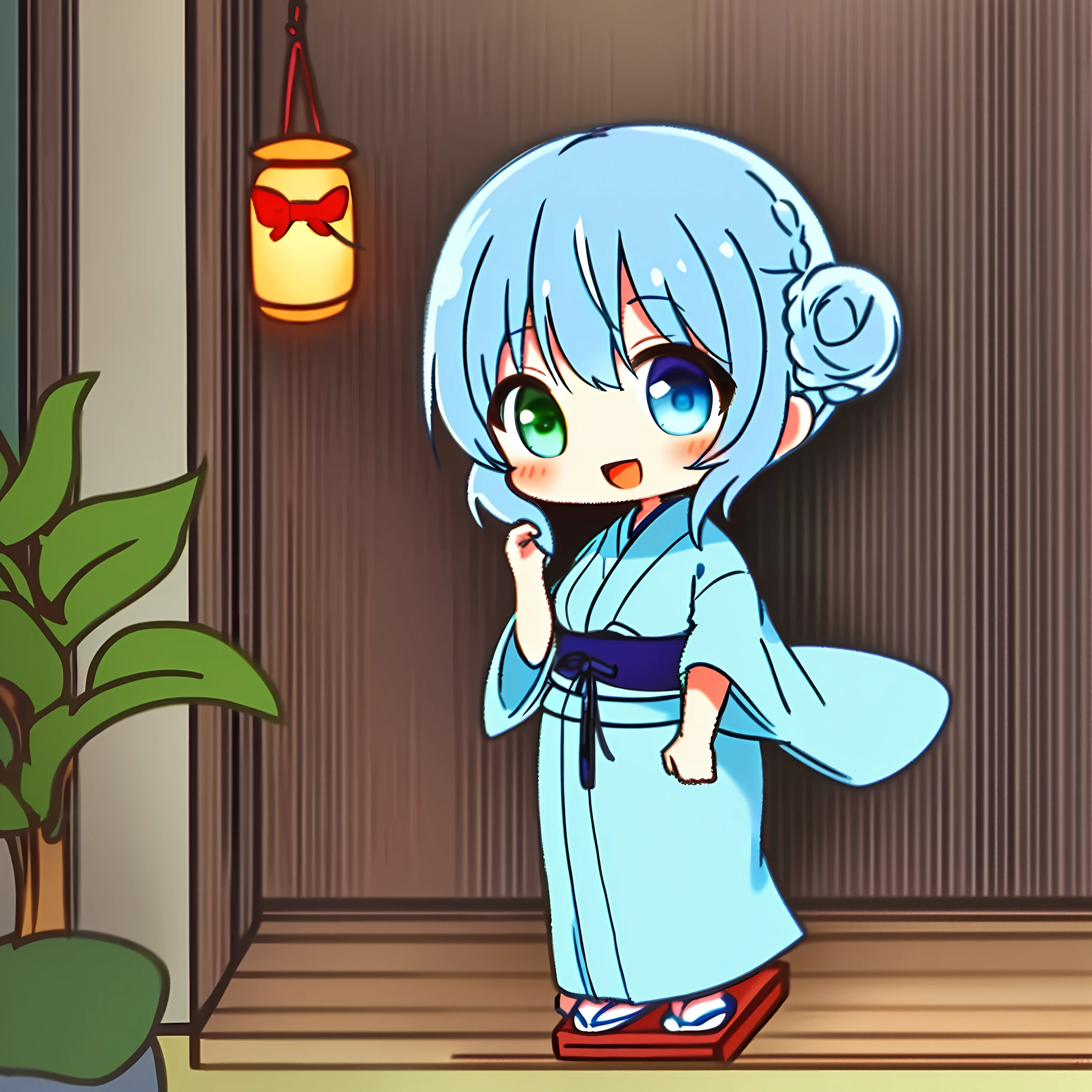 "Kyoto Animation" style anime illustrations, top quality, (cute: 1.1), (cute), (high resolution: 1.2), incredibly ridiculous: 1.3, incredibly fine illustrations, cute girls, (heterochromia, light blue eyes and light green eyes), solo, standing figure, happy, :d, masterpiece, top quality, absurdity, high resolution, official art, (cute: 1.8), (( Chibi character: 1.5)), solo, ((light blue hair, bun hair, kanzashi)), thin hair, 1 beautiful girl, (cute: 1.8), caregiver, maid, (((long yukata, illustration of morning glory, indigo color, luxurious obi)), watch the viewer, from the front, princess eyes, big breasts, from the front, Japan festival, night shop, cute geta, deformed character, holding a goldfish drawstring,