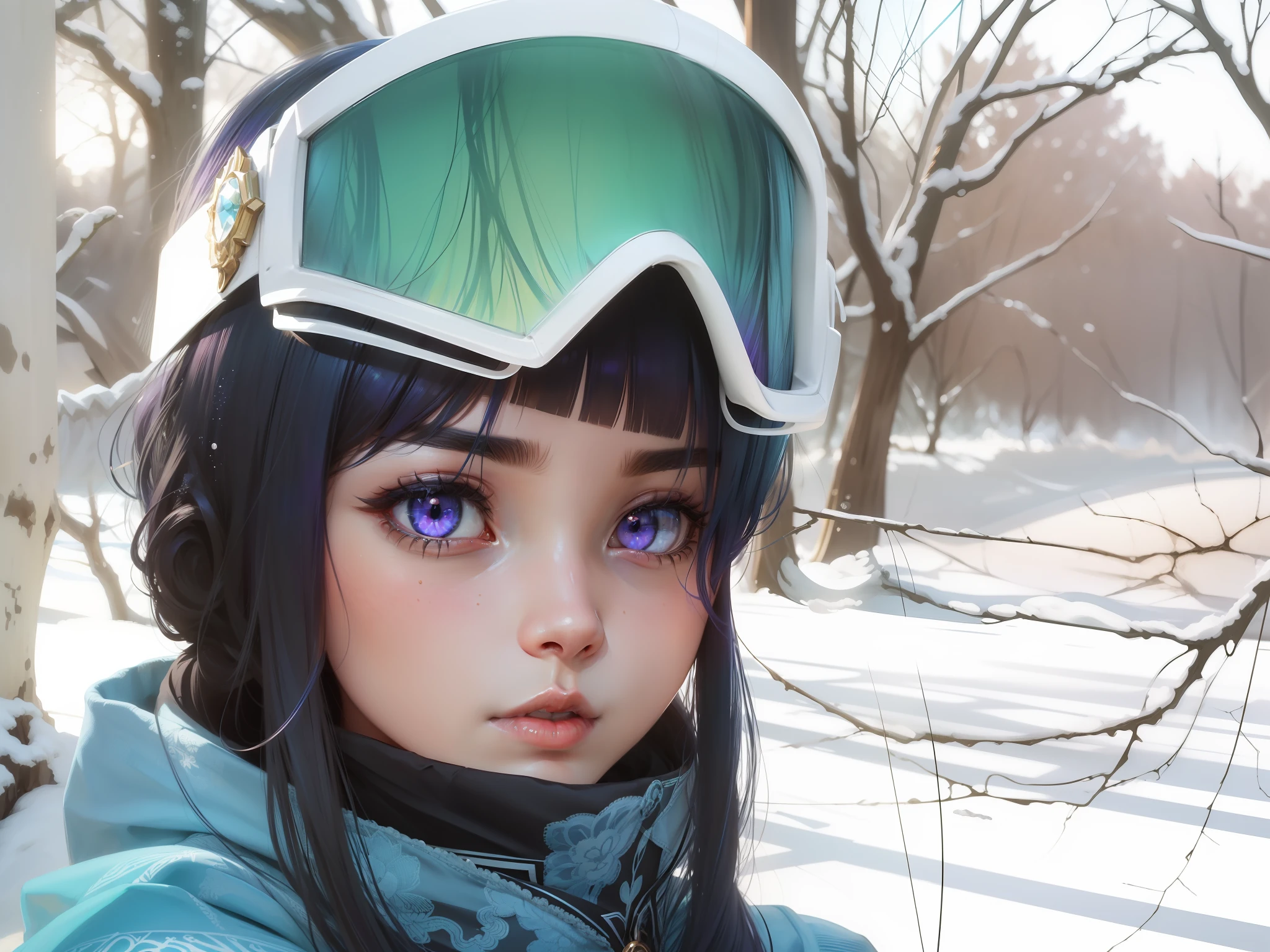 CG, UHD wallpaper, extreme detail, (Real: 1.2), (((Best Quality))), (Super Detail)), (Cute Detailed Face: 1.2), {{Highly Detailed Face}}, Beautiful and Beauty,1girl,(Masterpiece:1.4),glowing skin,Strong rim light,Dramatic shadows, strong shadows, SIGMA 35mm f/1.4, ISO 200 Shutter Speed 2000,Photorealism,{photorealistic}, photogenic,Illustration, Girl, detailed manga illustration, precision, high resolution, stunning art, {{Intricate details}}, (((((Beautiful detail lighting)))), beautiful detailed colorful eyes, dynamic blur, complex light, detailed clothes, rouge, full body photo, one-eyed hair, iridescent hair, blue hair, purple eyes, raised eyebrows, school uniform, hair ornament, --auto --s2